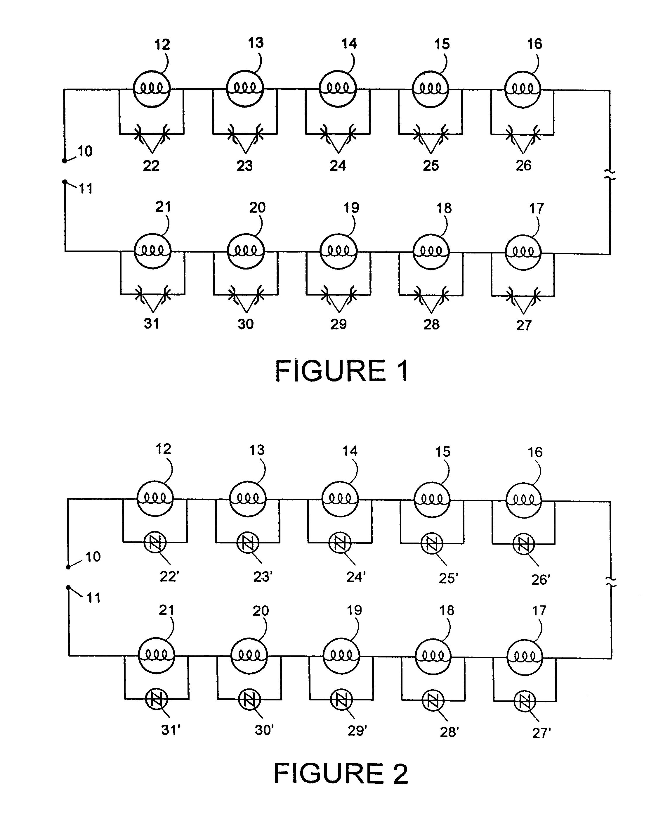 Series connected light string with filament shunting