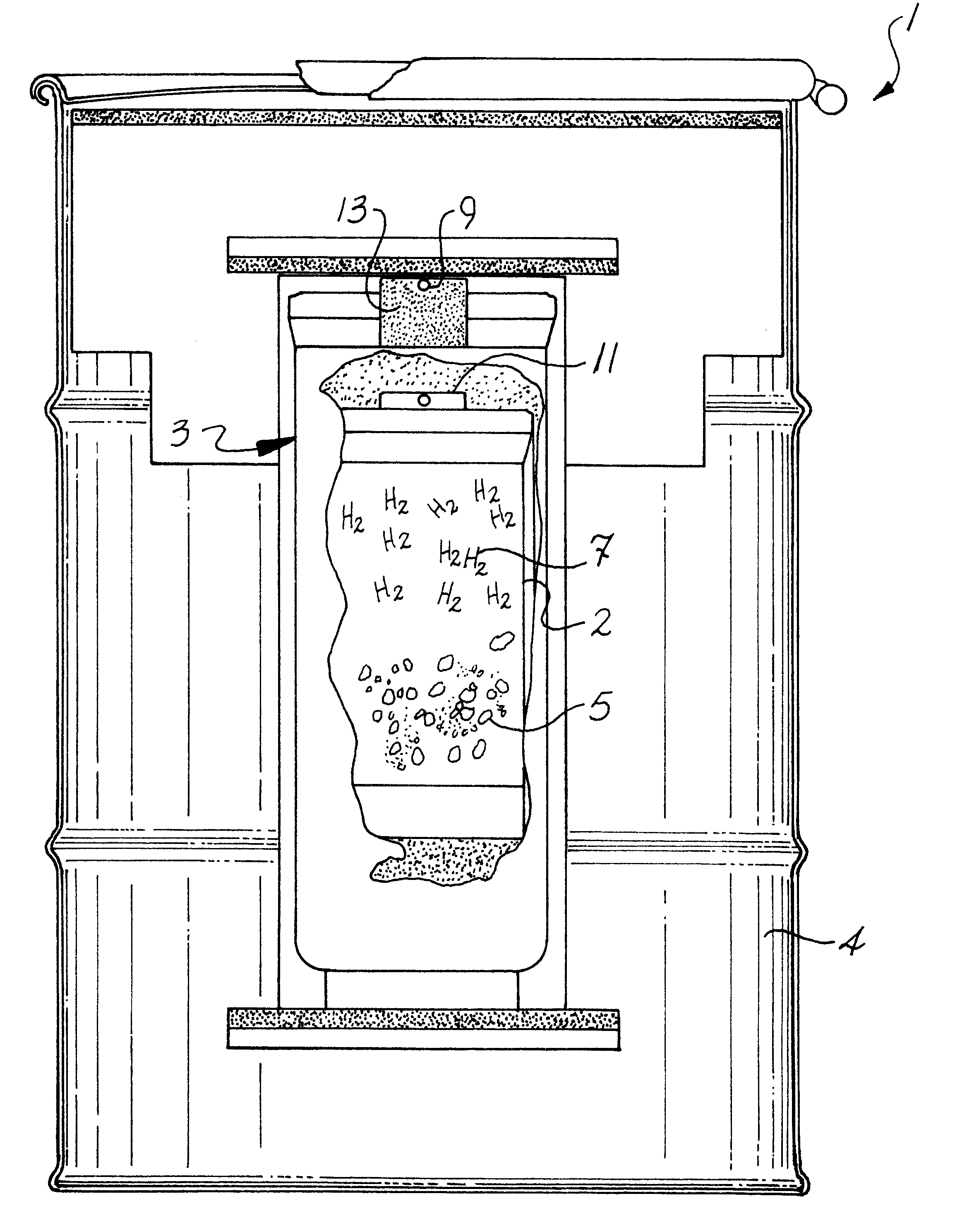 Container and method for absorbing and reducing hydrogen concentration