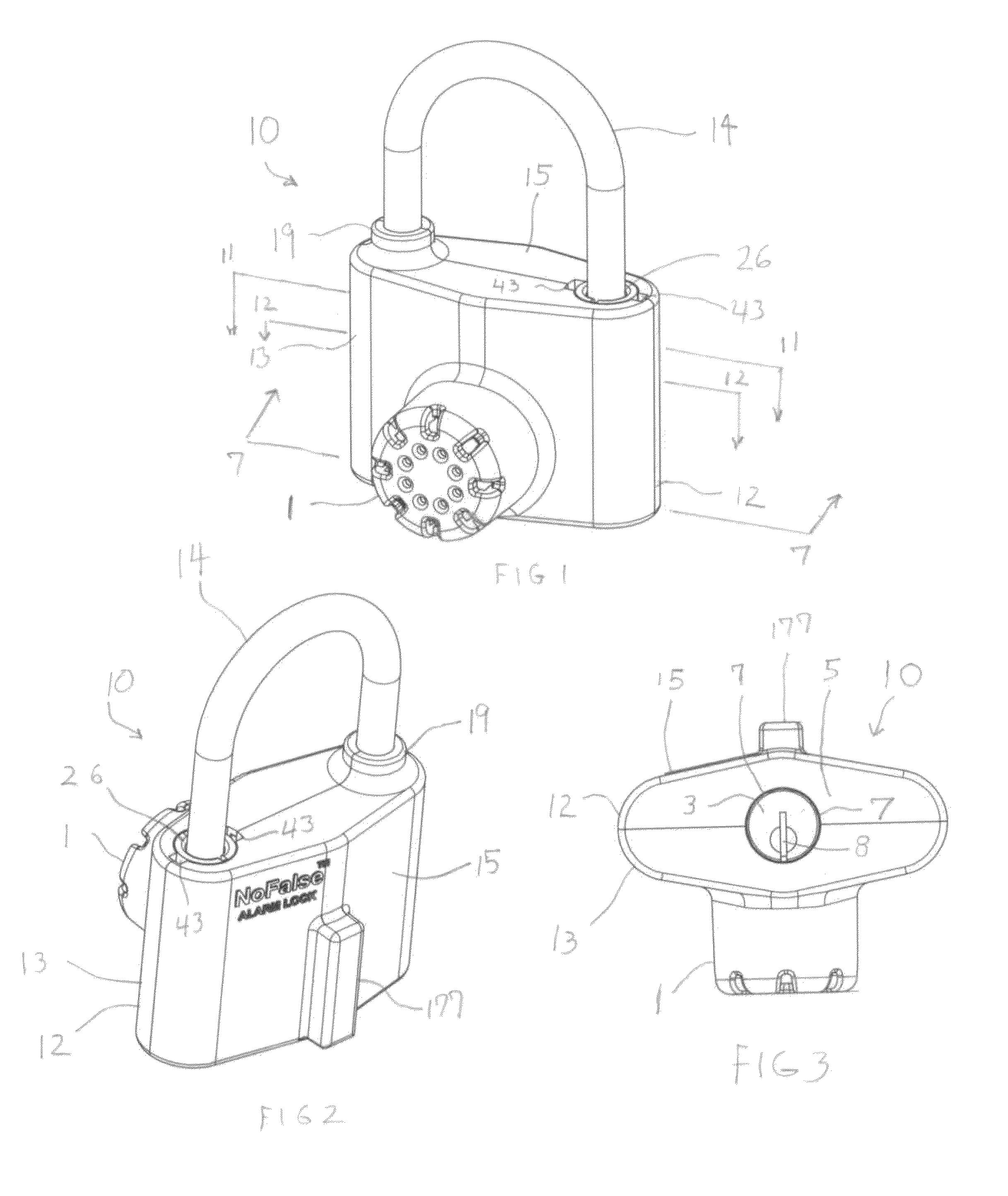 Padlock with alarm and shackle locking mechanism