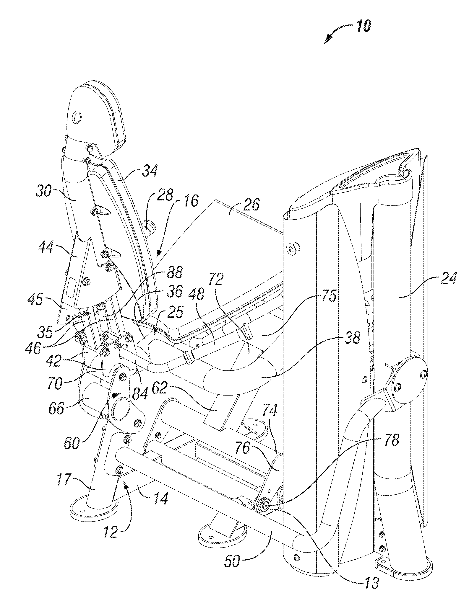 Leg exercise machine with self-aligning pivoting seat