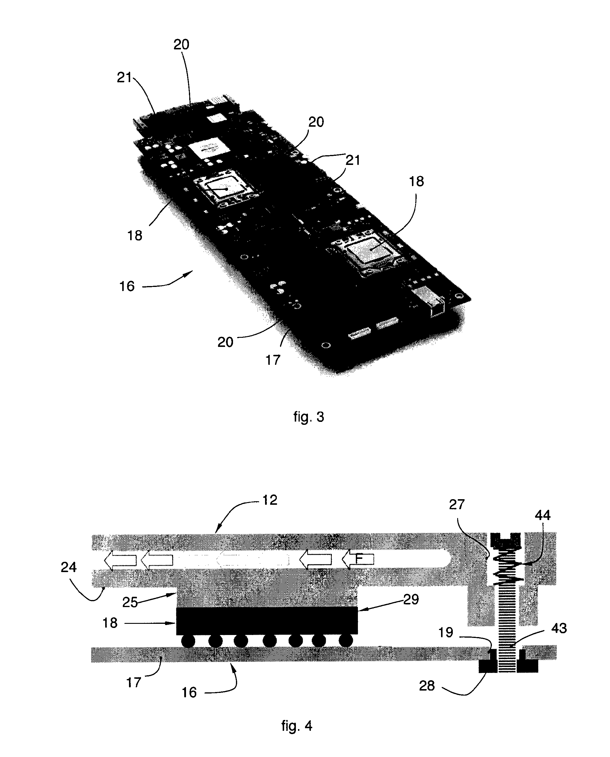 Cooling device with liquid for electronic cards, in particular for high performance processing units