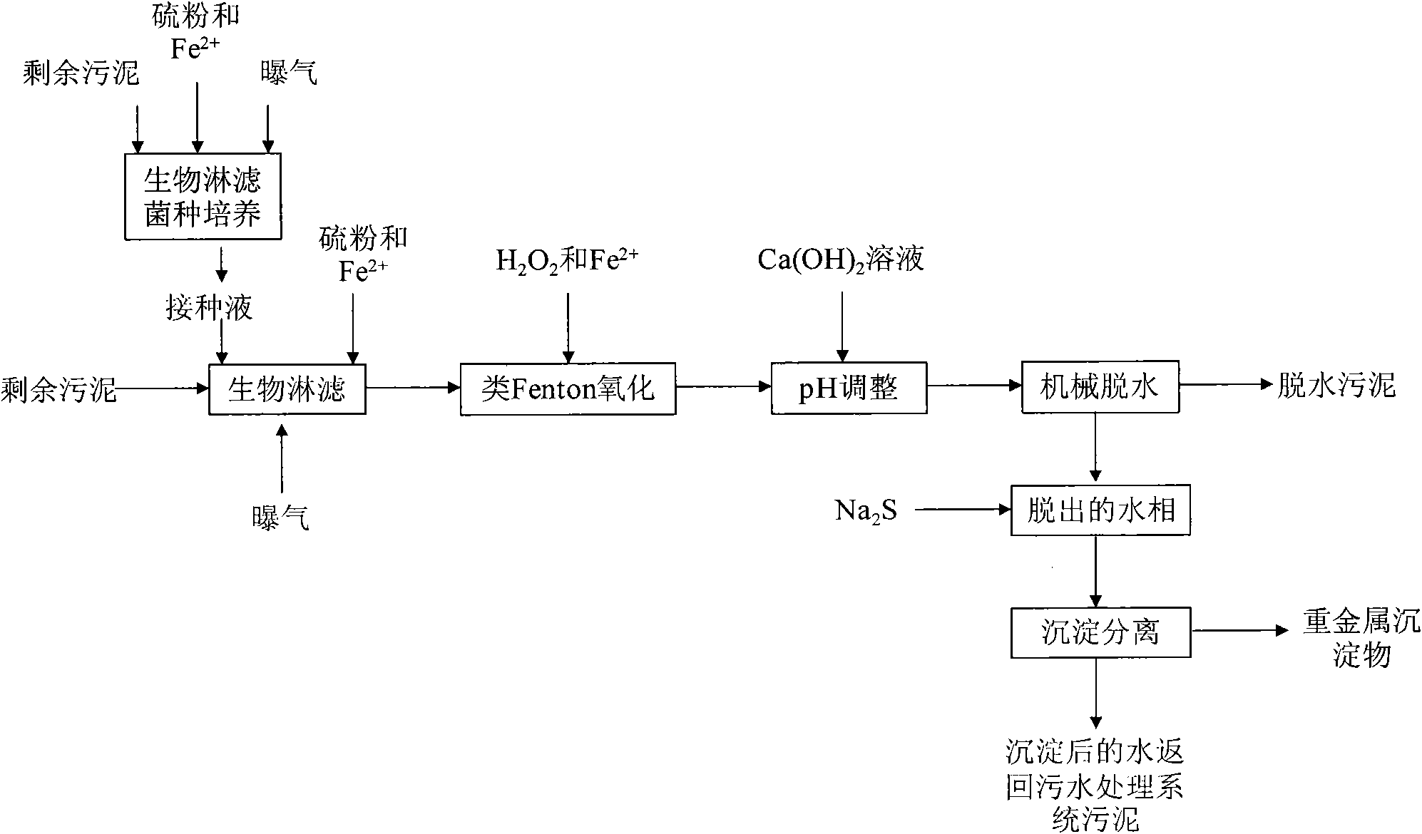 Method for removing heavy metals in excess sludge by bioleaching-similar Fenton oxidative coupling