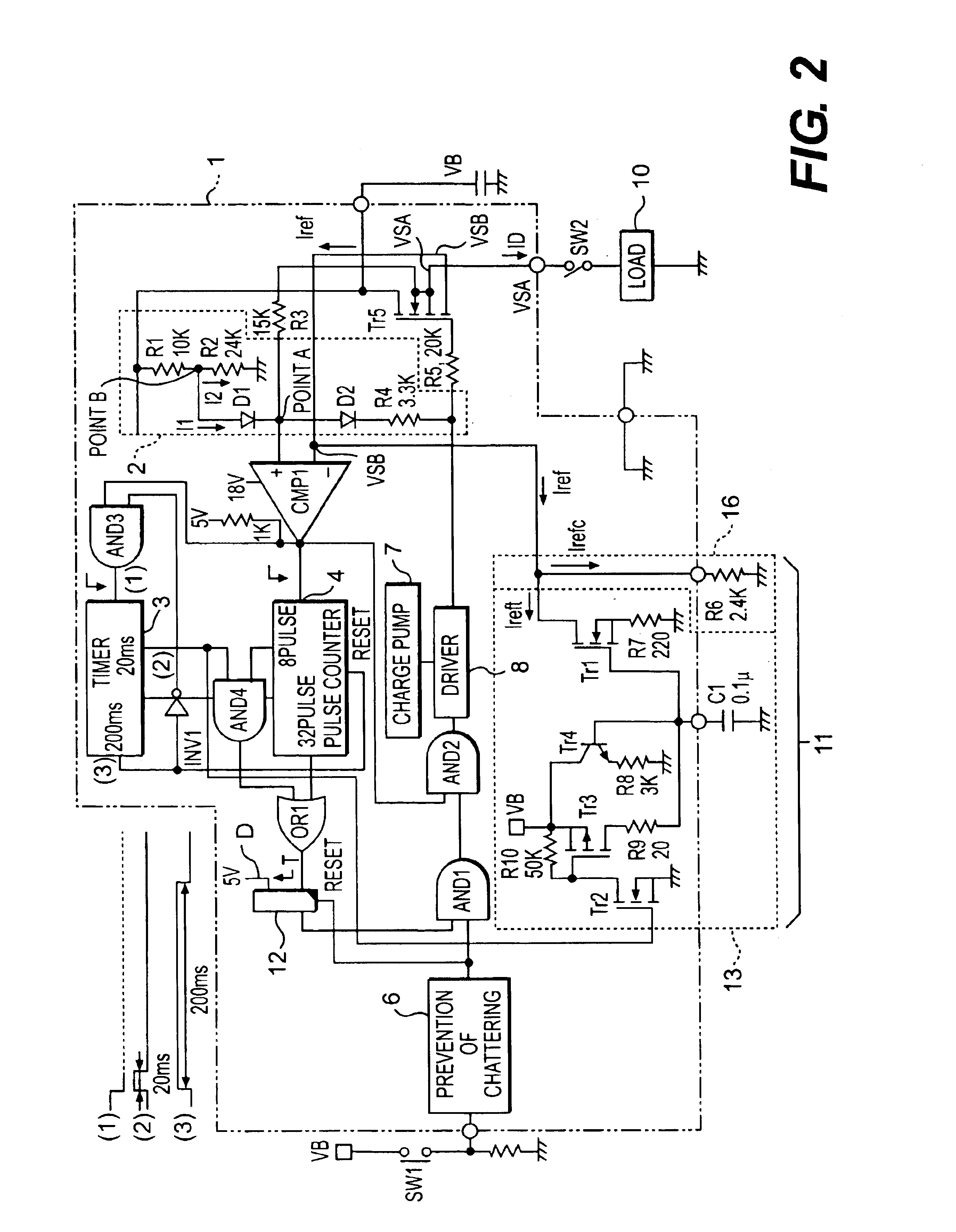 Semiconductor switching device with function for vibrating current, thereby shutting down over-current