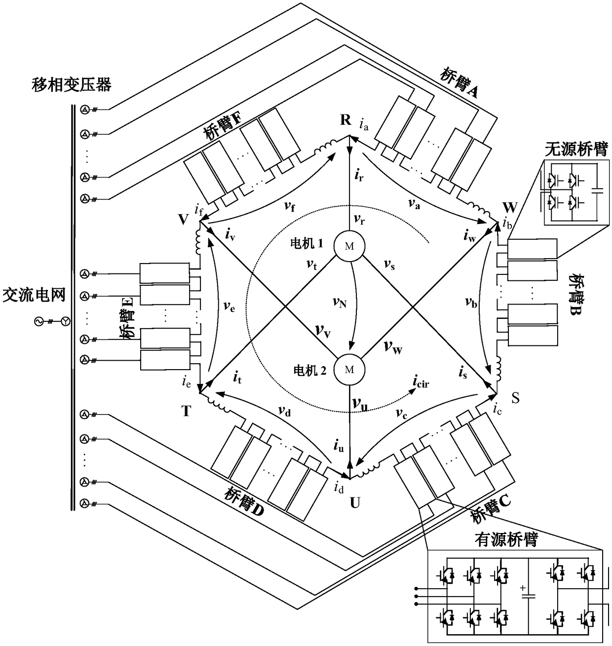 Topology of energy-fed three-port cascade converter of hexagonal structure and control method