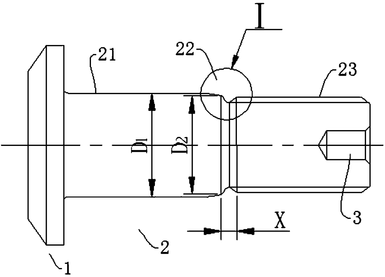 Bolt with transition area and transition structure of bolt