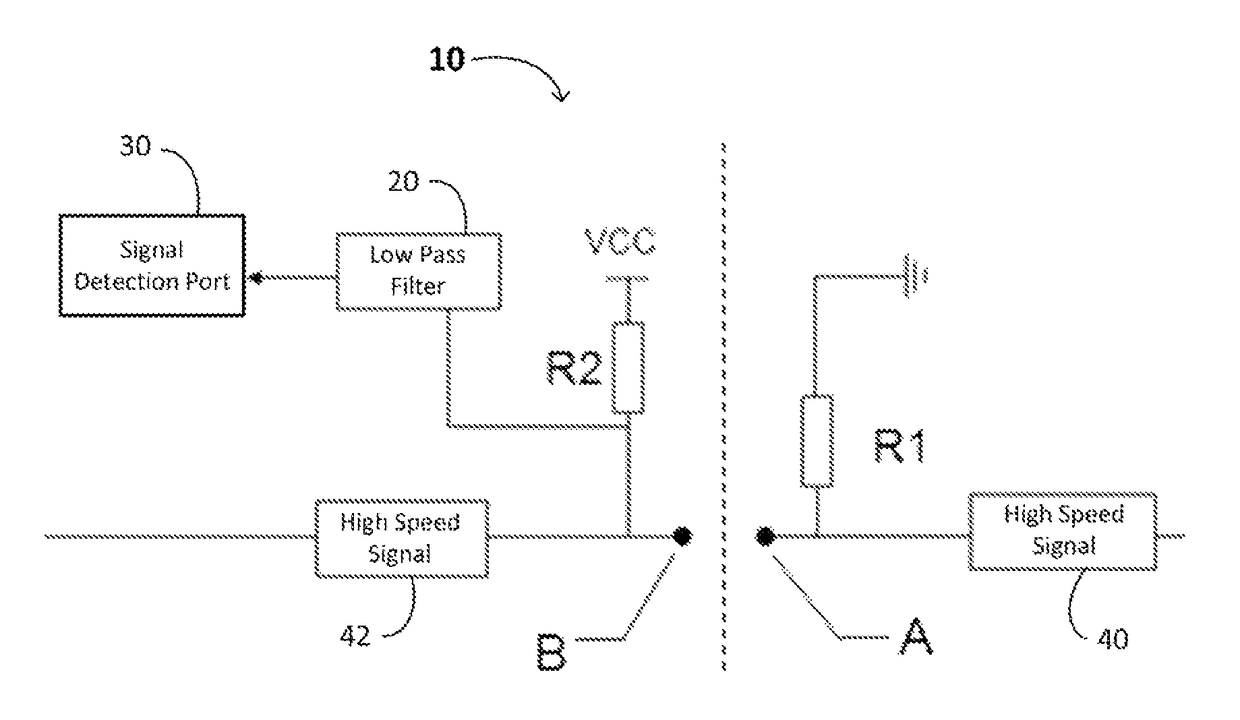 DC level detection circuit between high speed signal line connecting ports, a system including the circuit, and methods of making and using the same