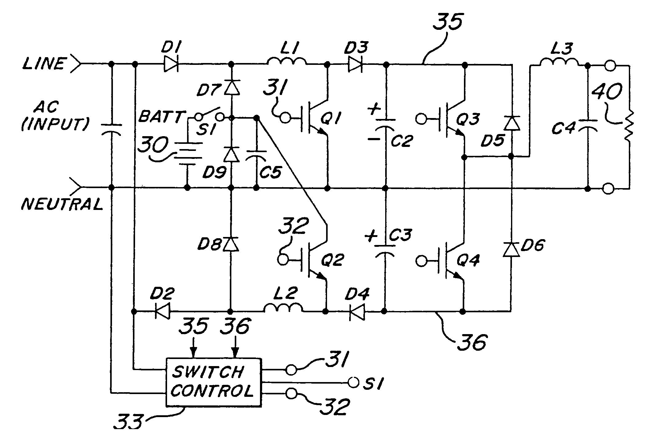 Power factor corrected UPS with improved connection of battery to neutral