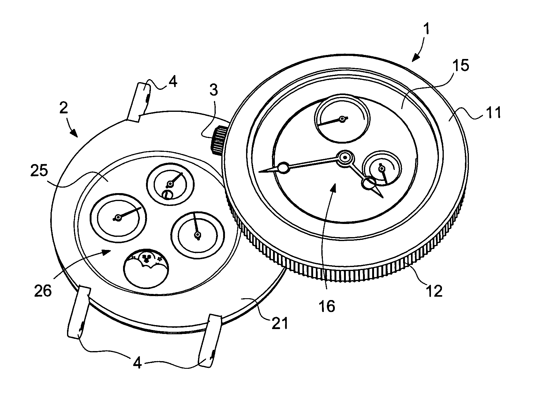 Timepiece including two cases able to pivot with respect to each other