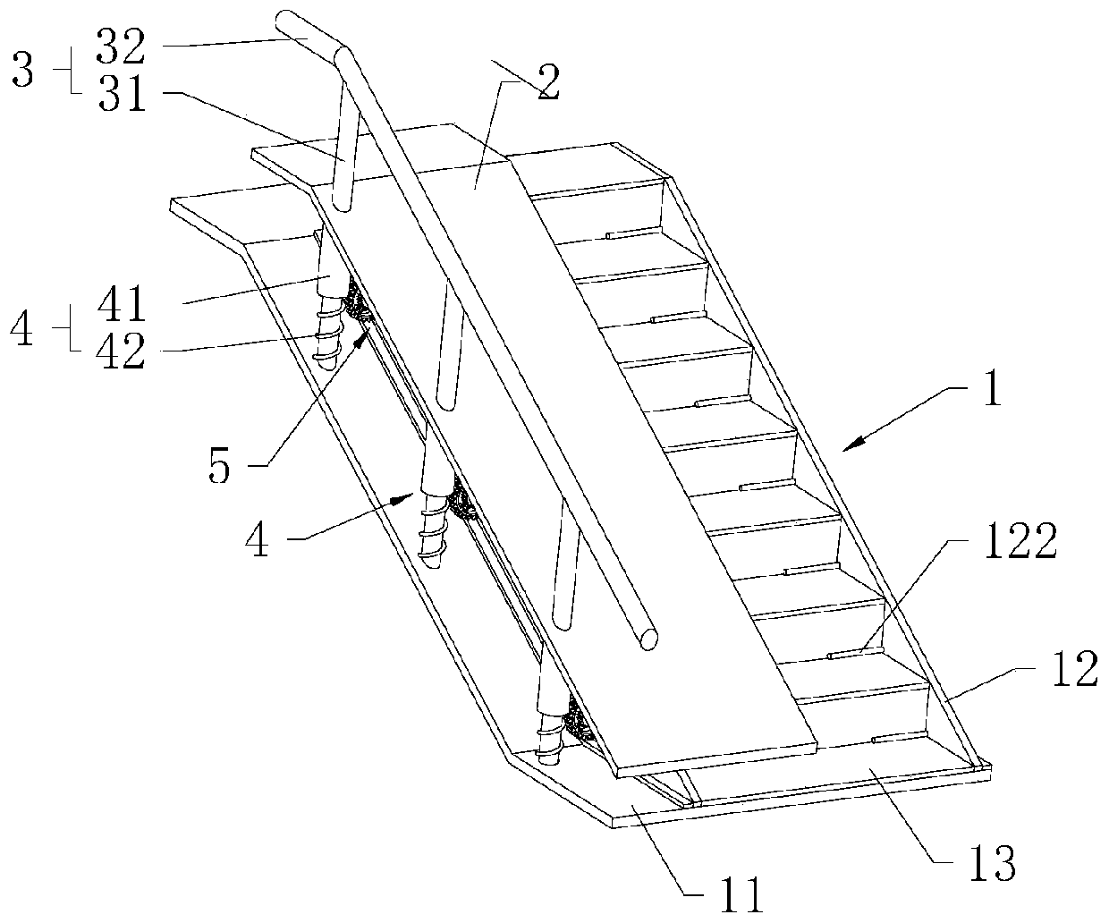 Damping stair formwork for building construction and assembling method thereof