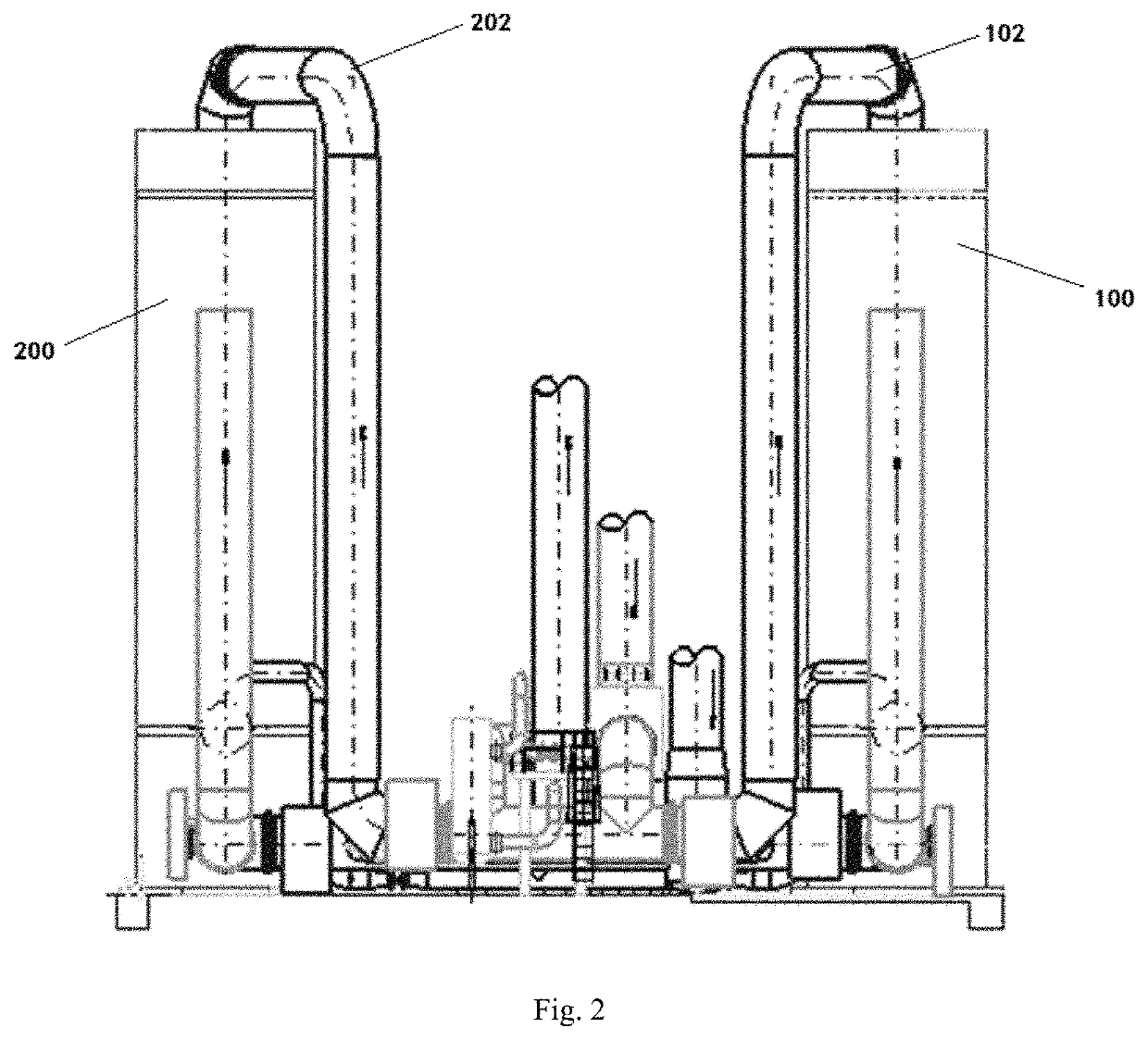 Purification system having pipelines arranged at different levels in height direction