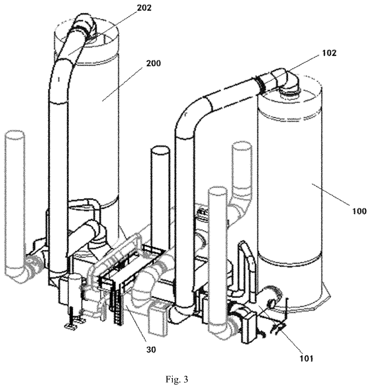 Purification system having pipelines arranged at different levels in height direction