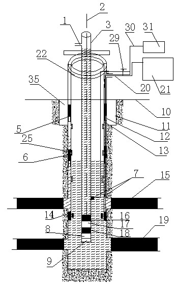 Multi-layer discharge and mining device for multiple seam developed area