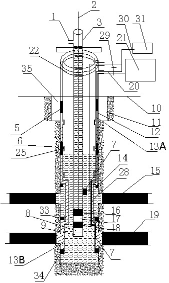 Multi-layer discharge and mining device for multiple seam developed area