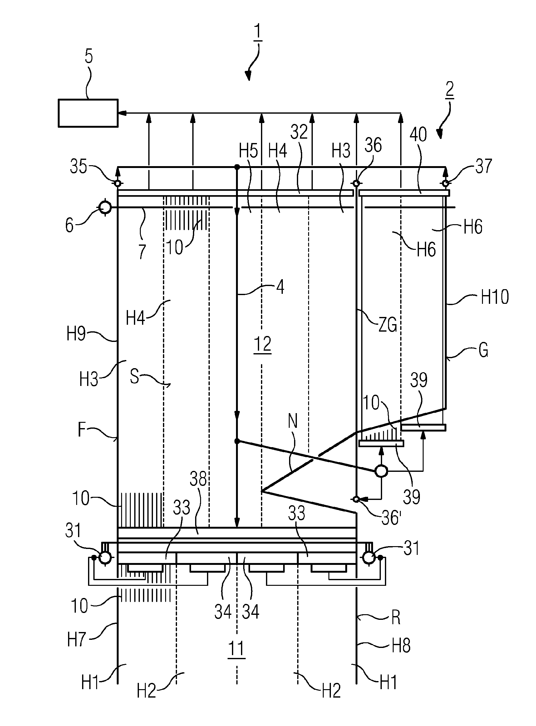 Continuous flow steam generator with a two-pass boiler design