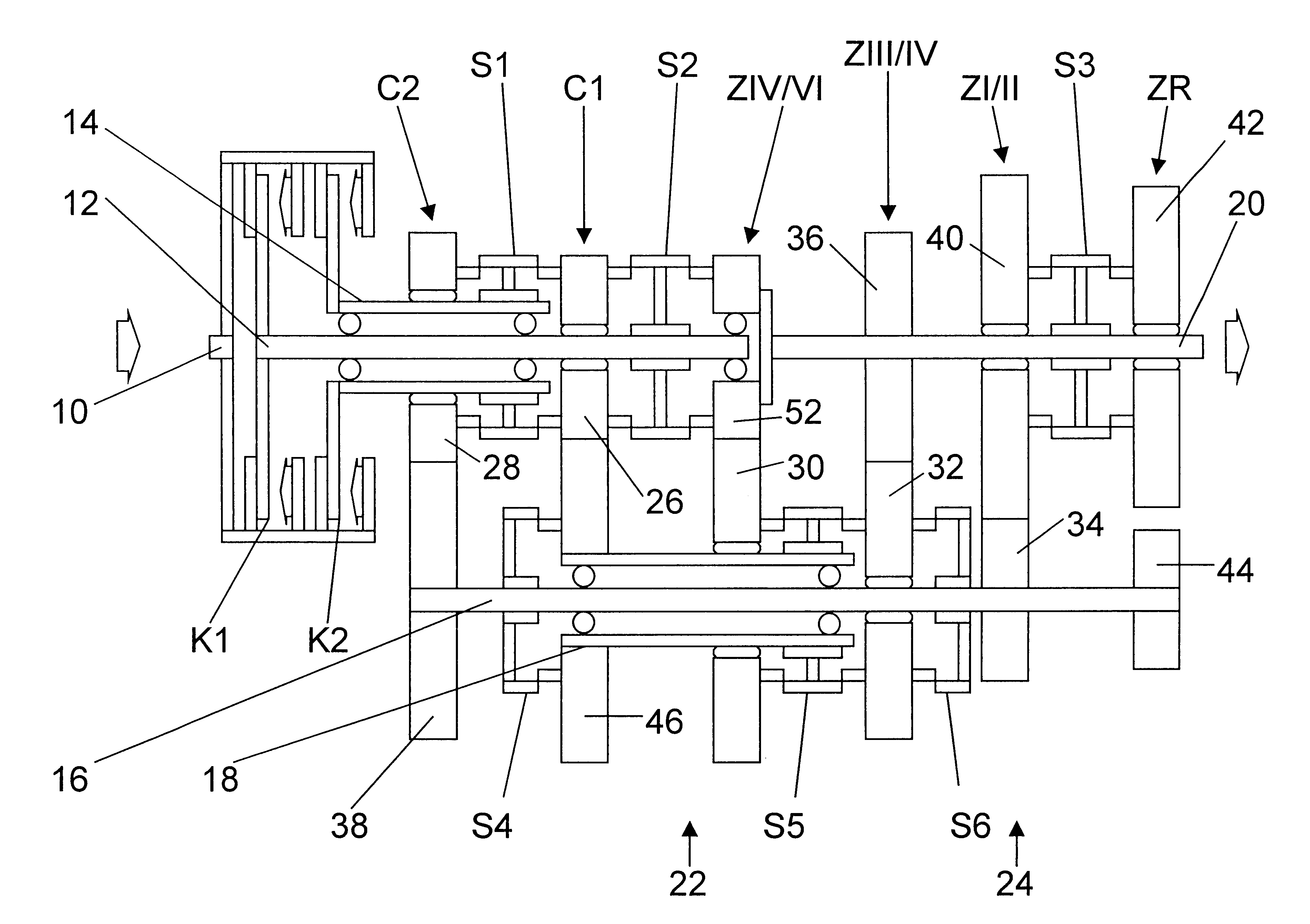 Toothed gear transmission having two partial transmissions disposed parallel to each other in the power flow