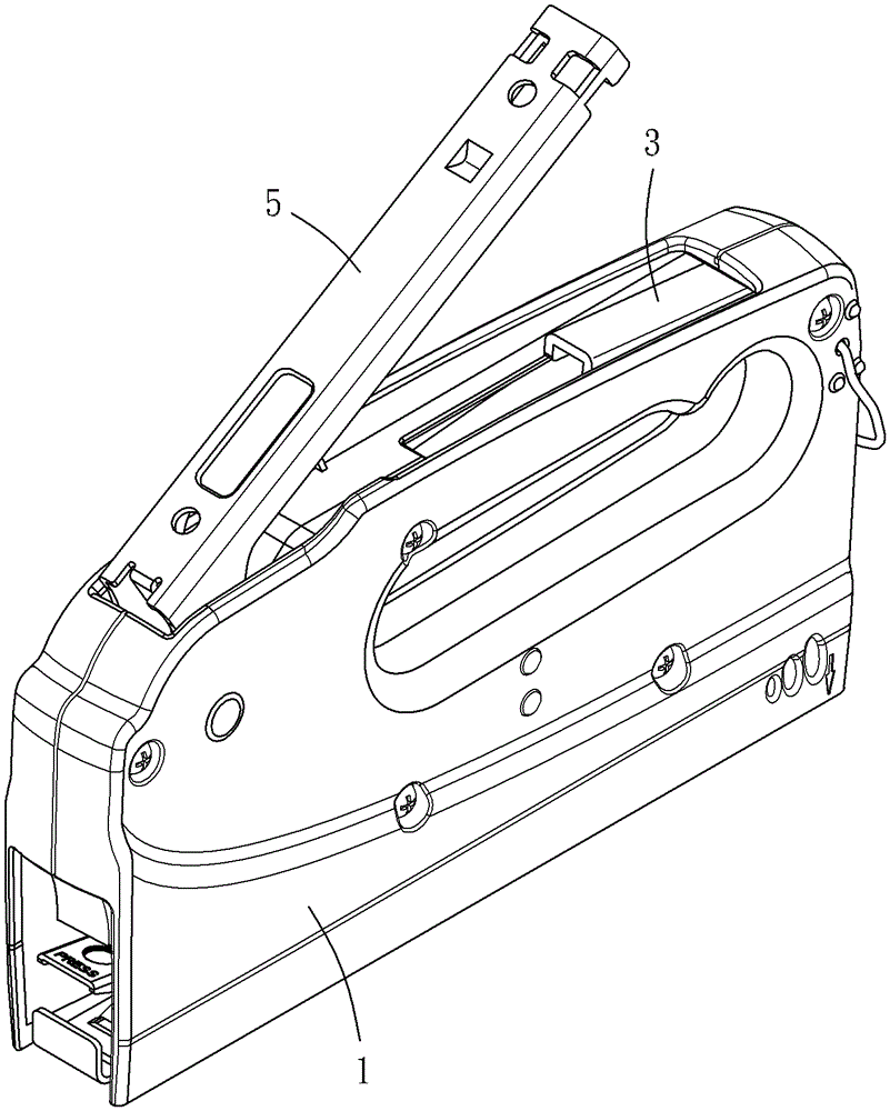 The nailing gun with the striker separated from the nail in advance