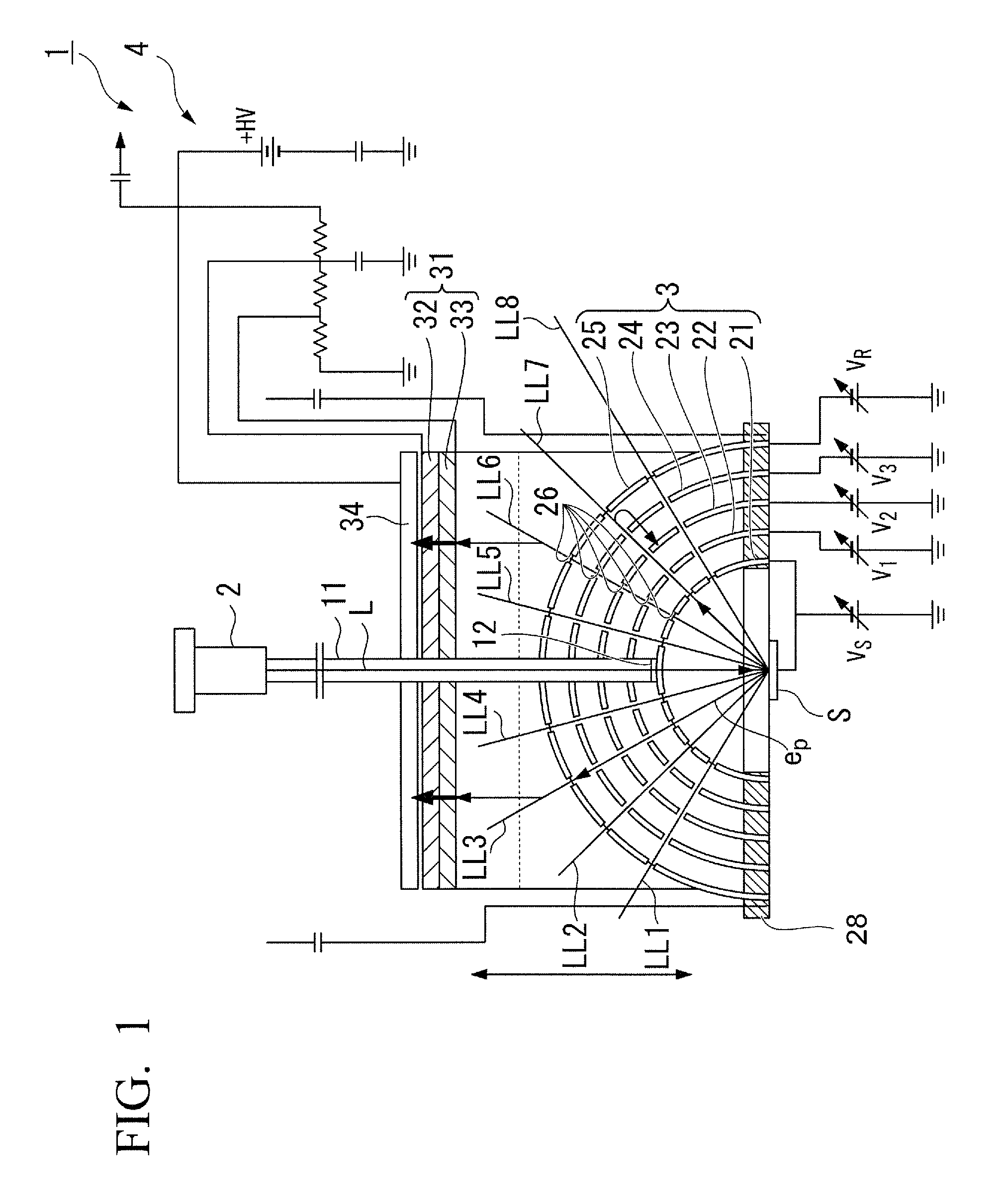 Electrode member, electron energy analyzer, photoelectron energy analyzer, and temperature measuring apparatus