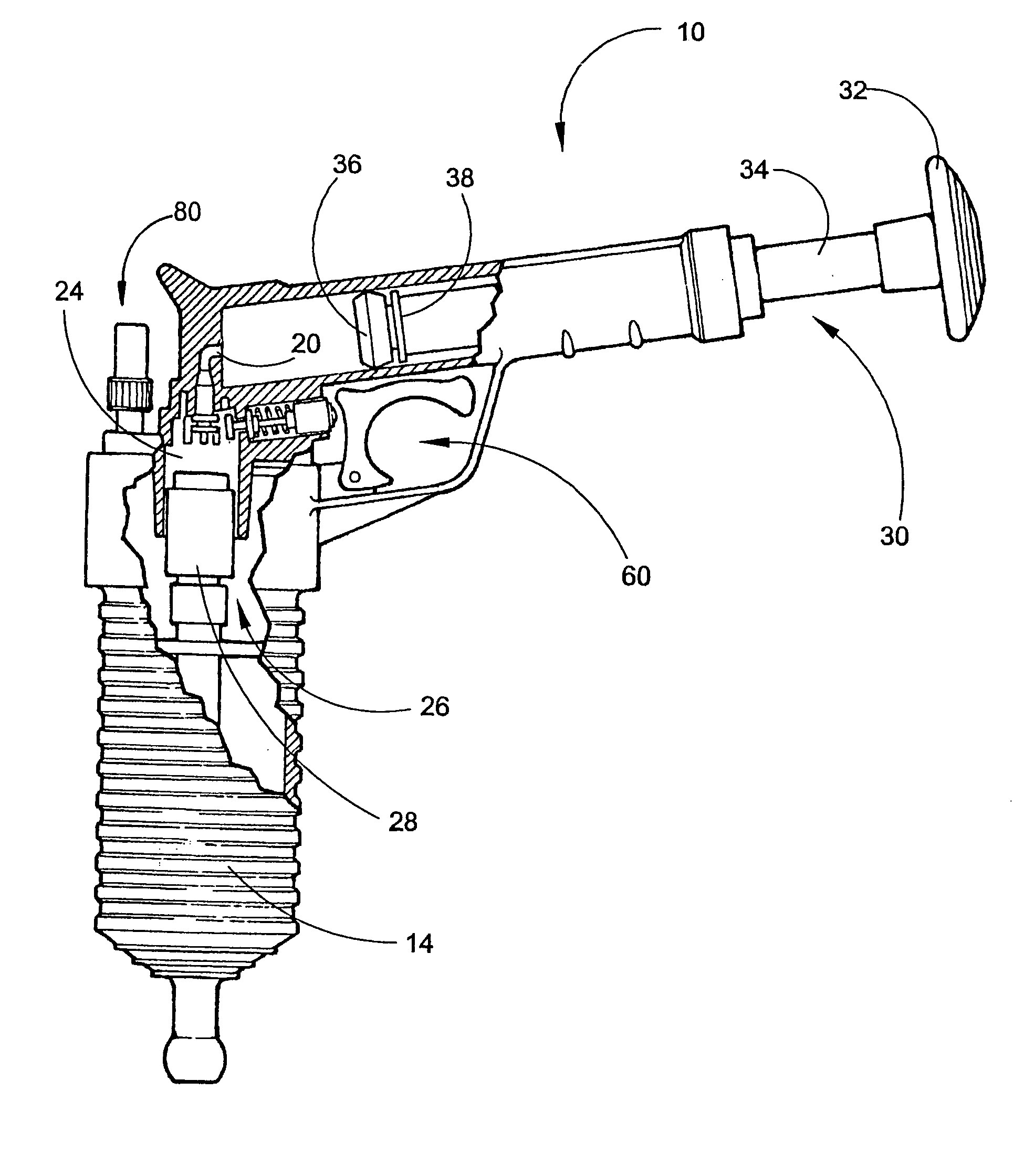 Self-contained handheld drain clearing compressed air device