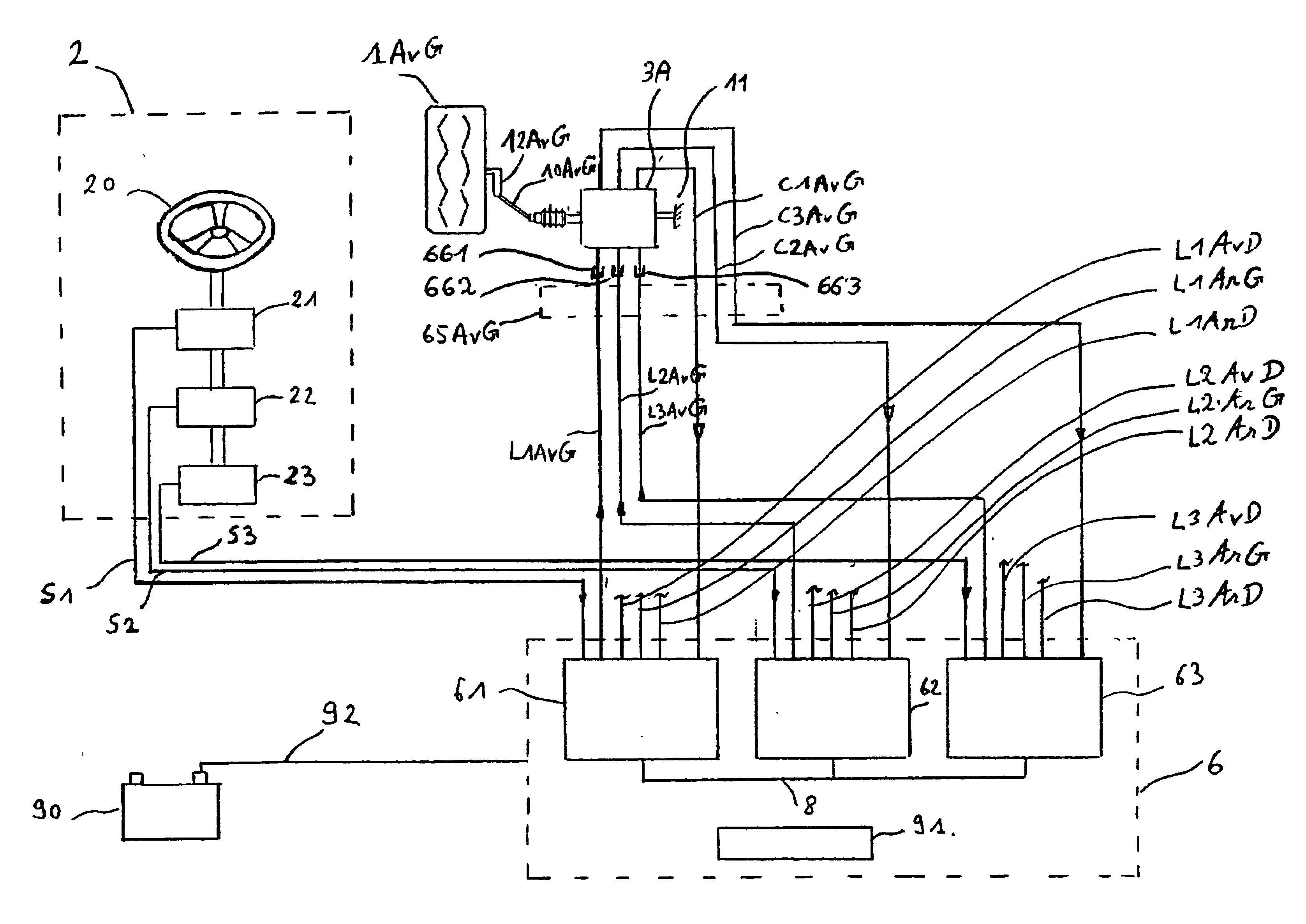 Electrical steering for vehicle, with triple redundancy