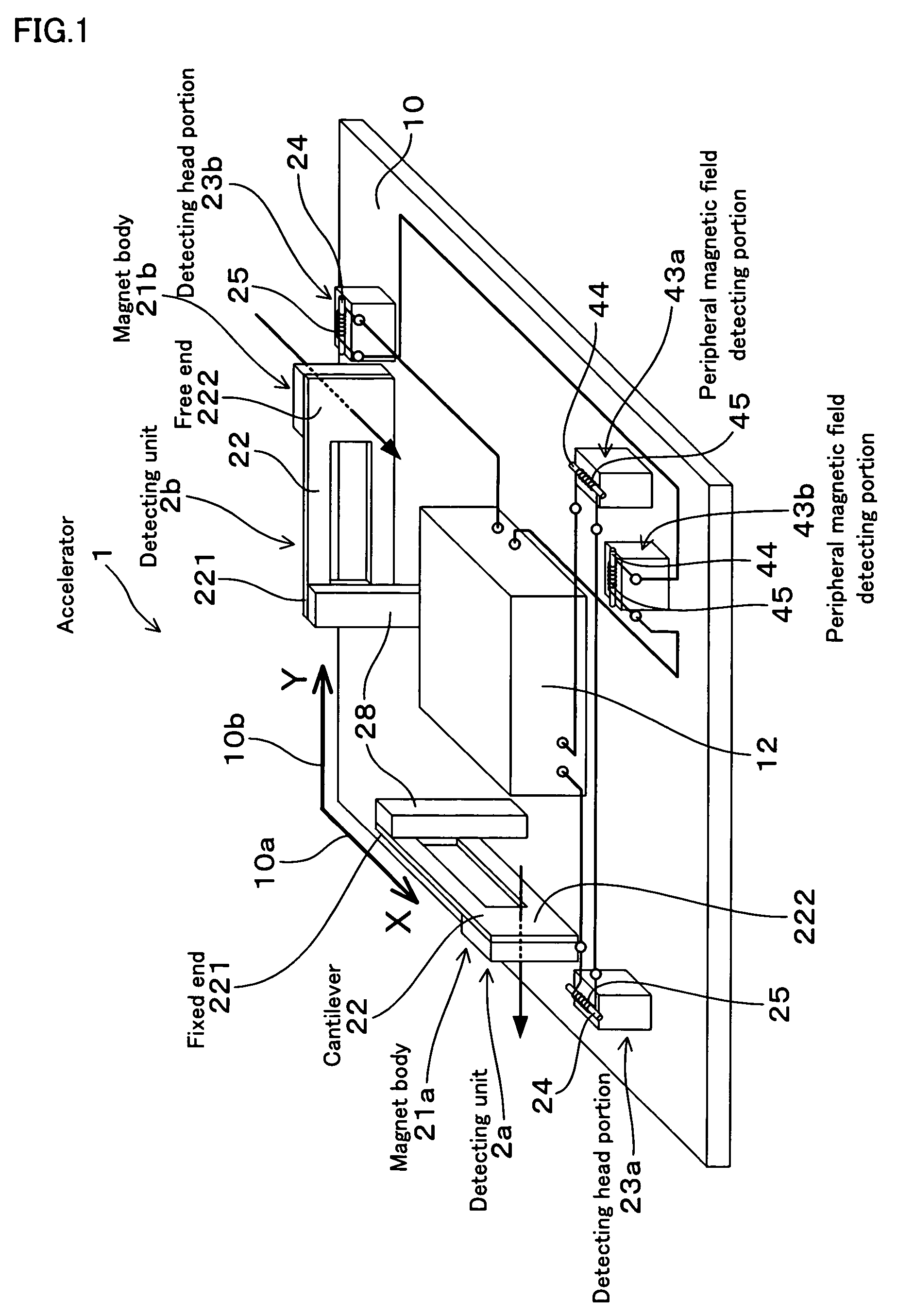 Accelerometer with cantilever and magnetic field detector