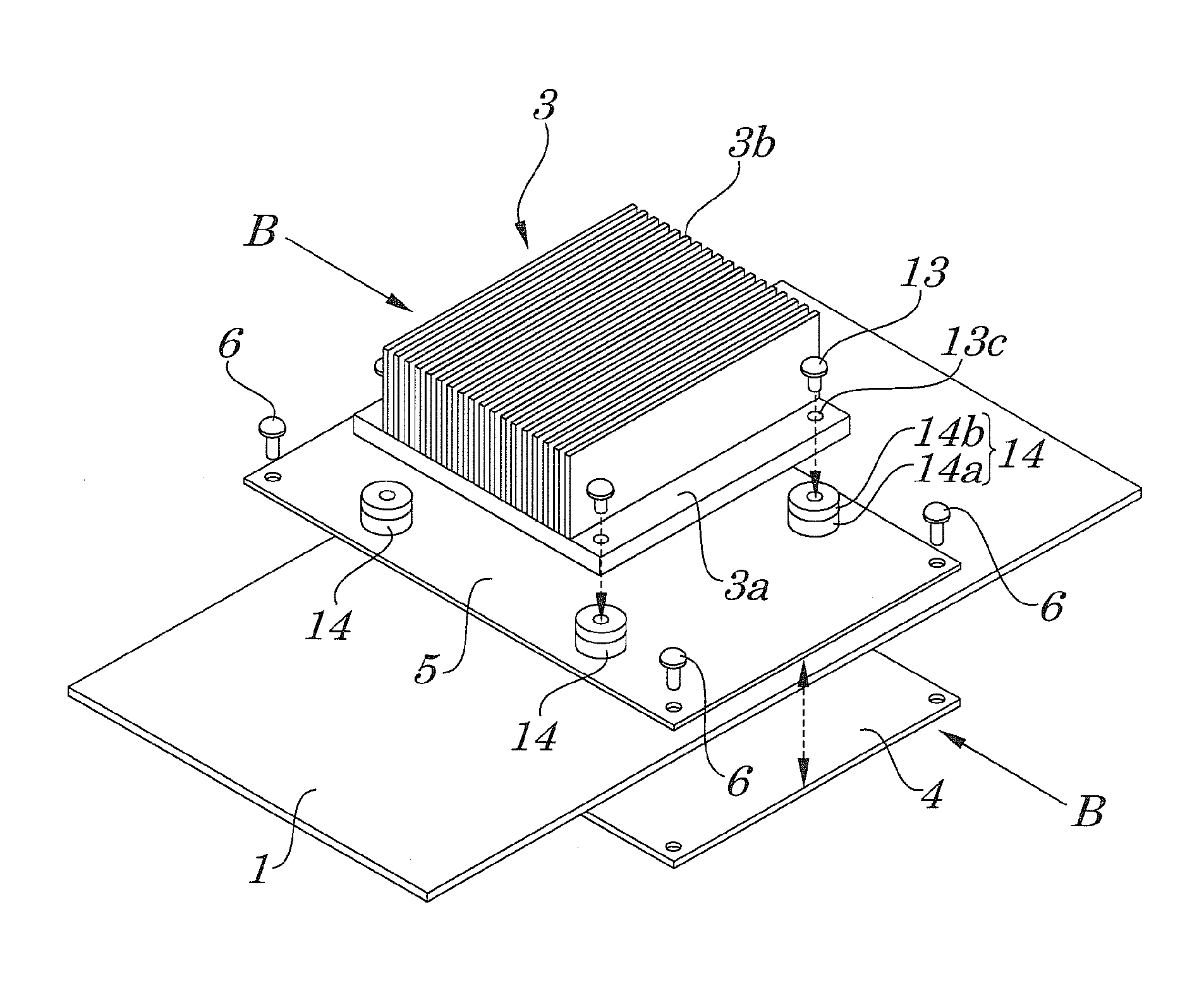 Mounting structure with heat sink for electronic component and female securing member for same