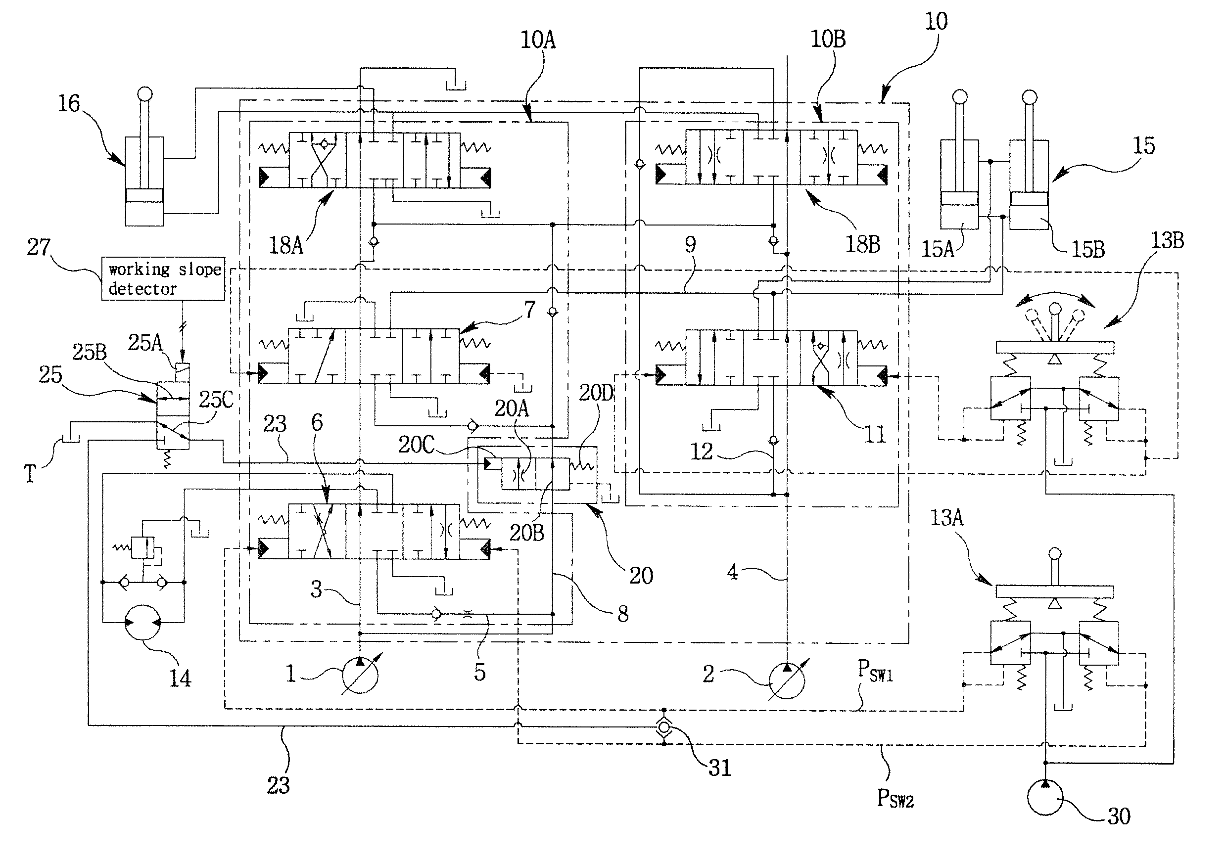 Hydraulic control device of an excavator with improved loading performance on a slope