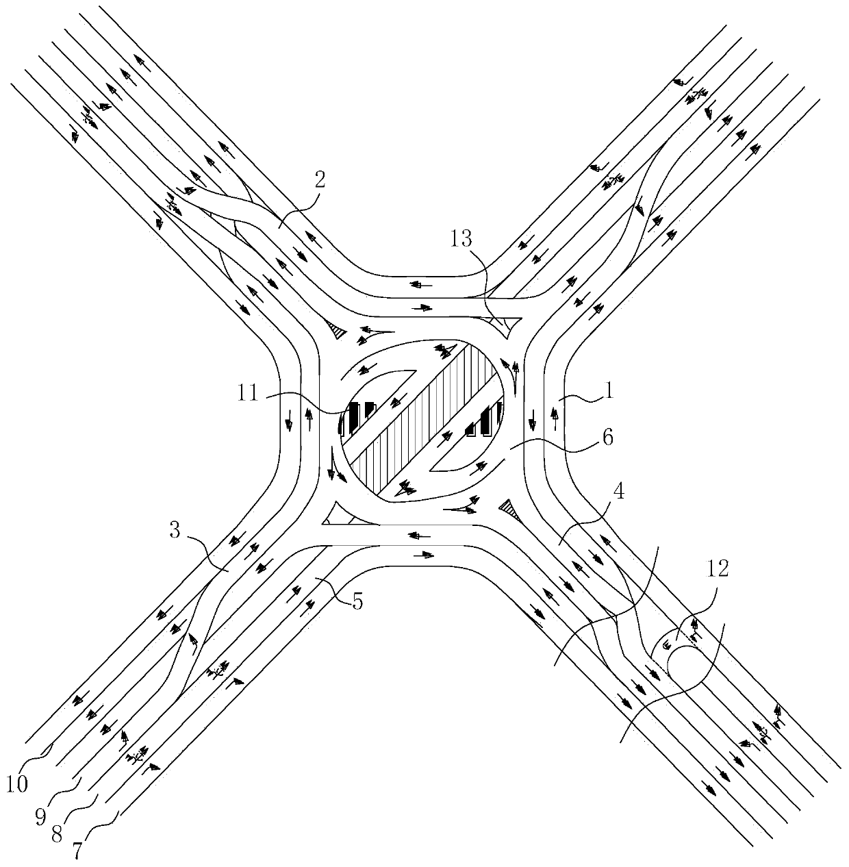 Pedestrian-and-vehicle separating type double-layer roundabout overpass