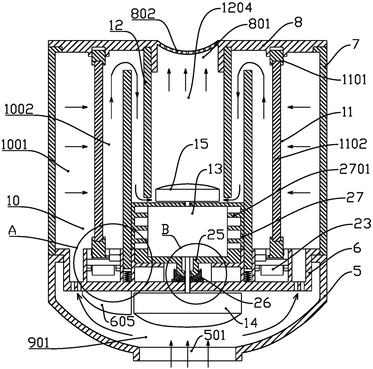 Filtering processing device for air purification and air purifier