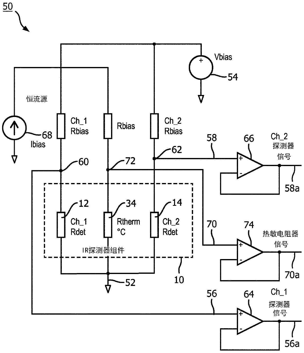 Infrared detector assembly with integrated temperature sensing, gas measurement apparatus and method