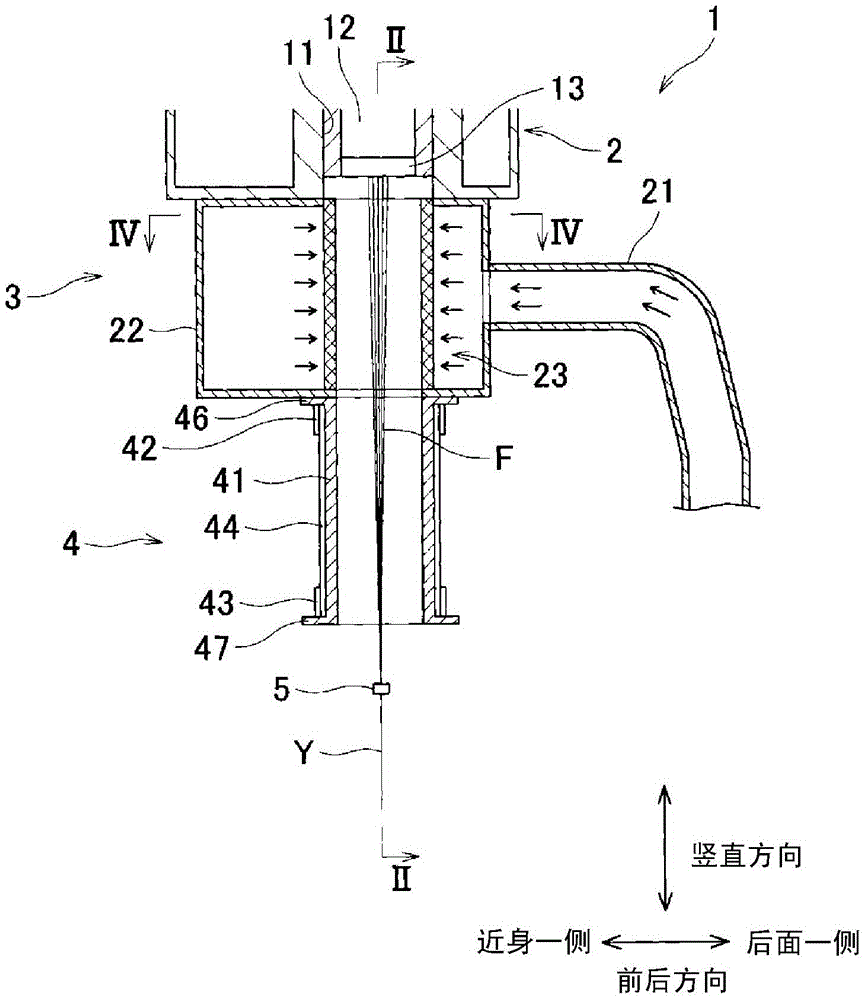 Melt spinning device and fiber shield