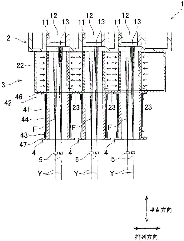 Melt spinning device and fiber shield