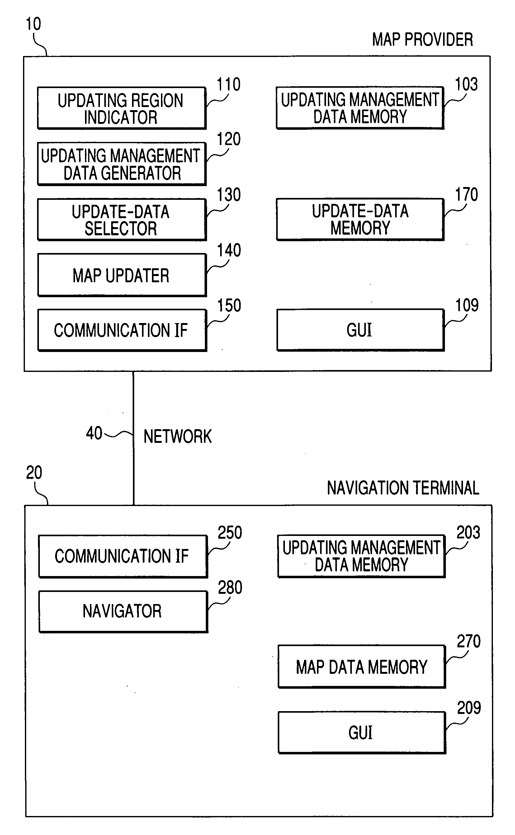 Computer readable medium storing a map data updating program and map data updating terminal