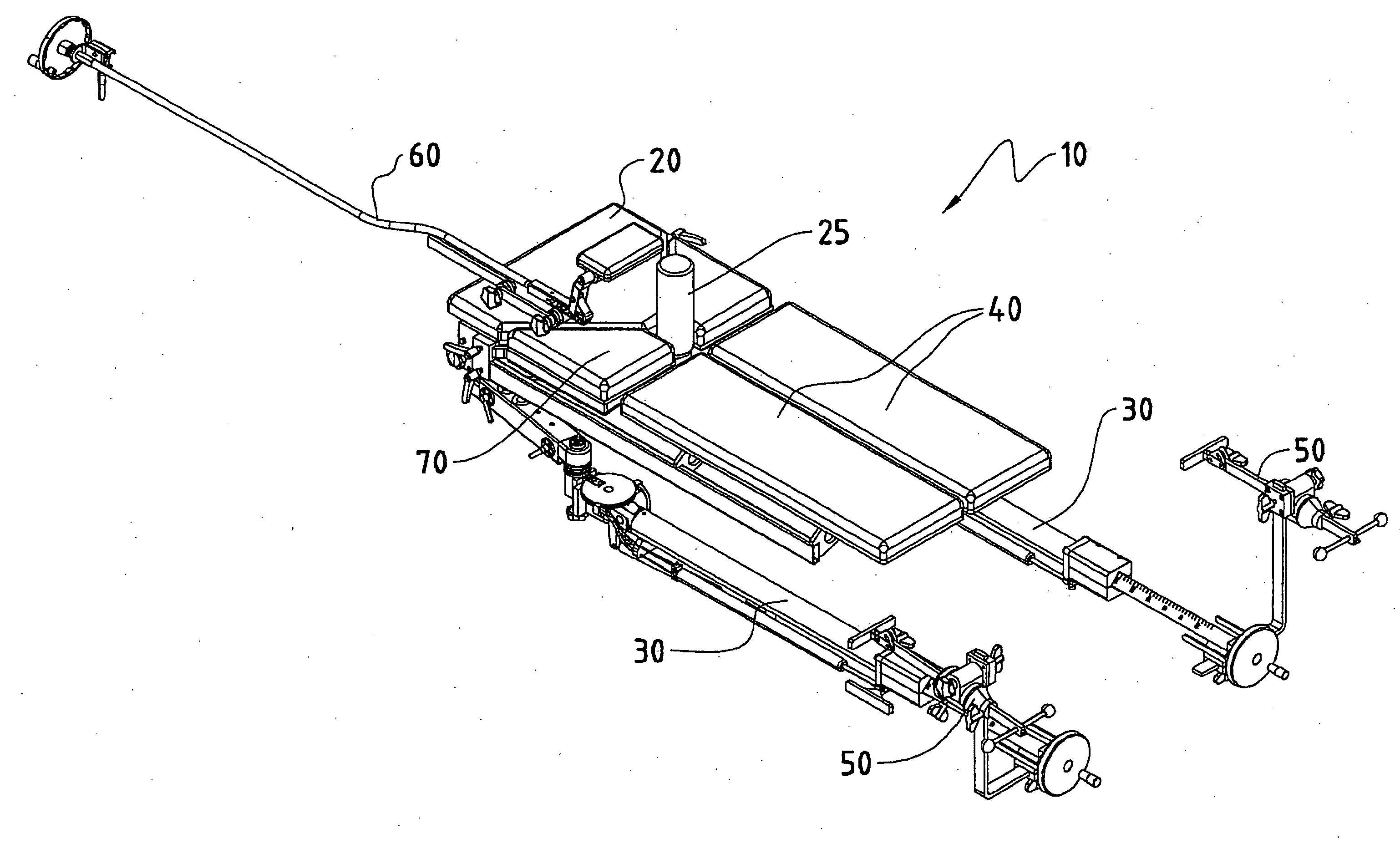 Modular device for positioning and immobilisation of a patient's body for surgical operations and corresponding operating table