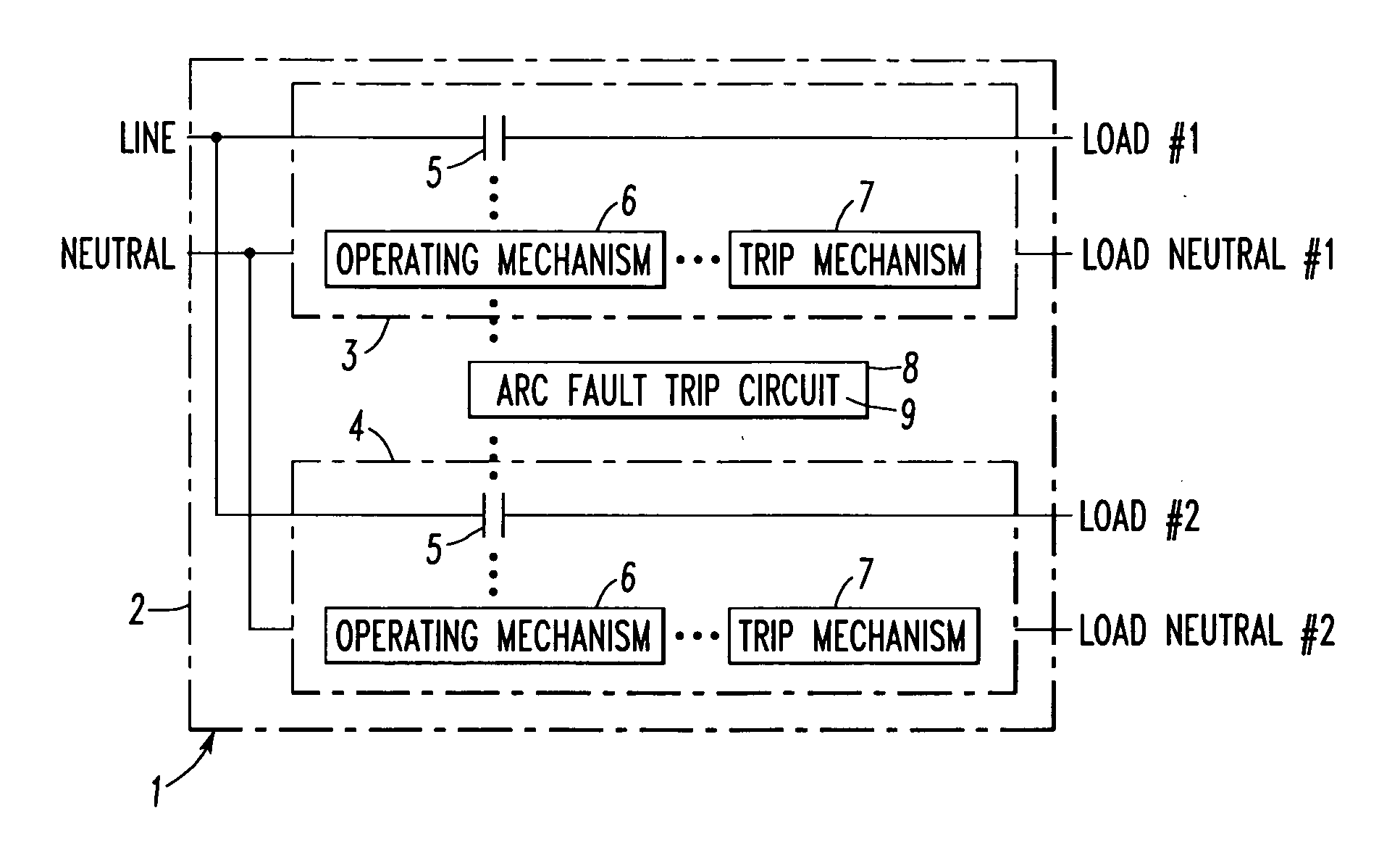 Two pole circuit interrupter employing a single arc fault or ground fault trip circuit