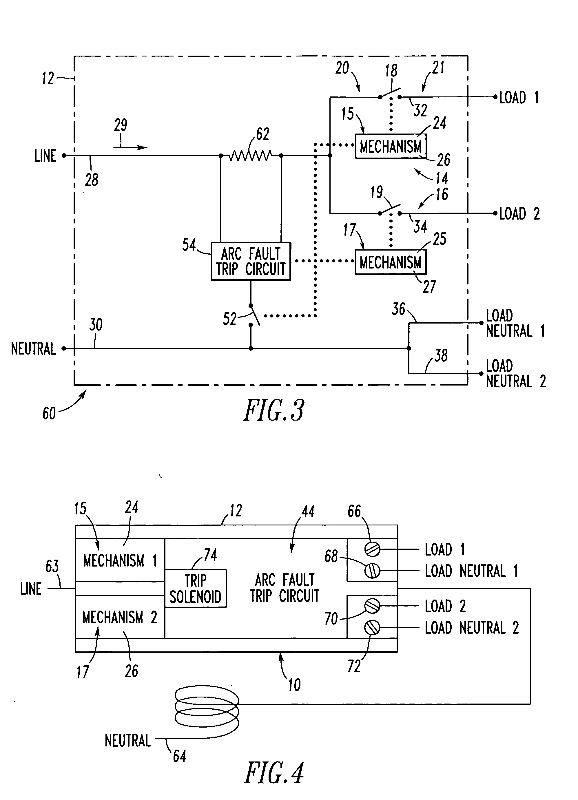 Two pole circuit interrupter employing a single arc fault or ground fault trip circuit