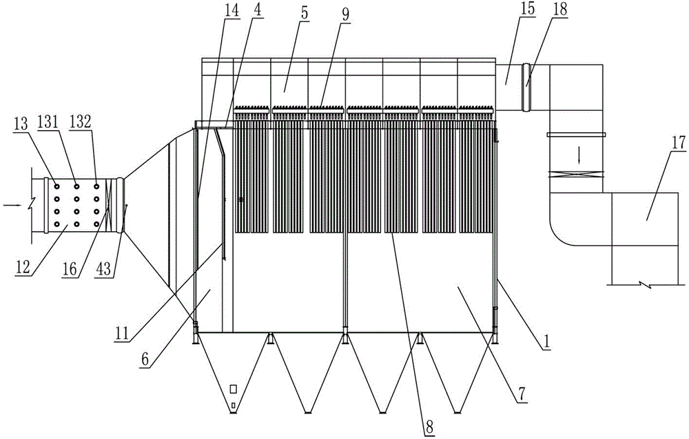 Gravity inertial bag type composite dust remover