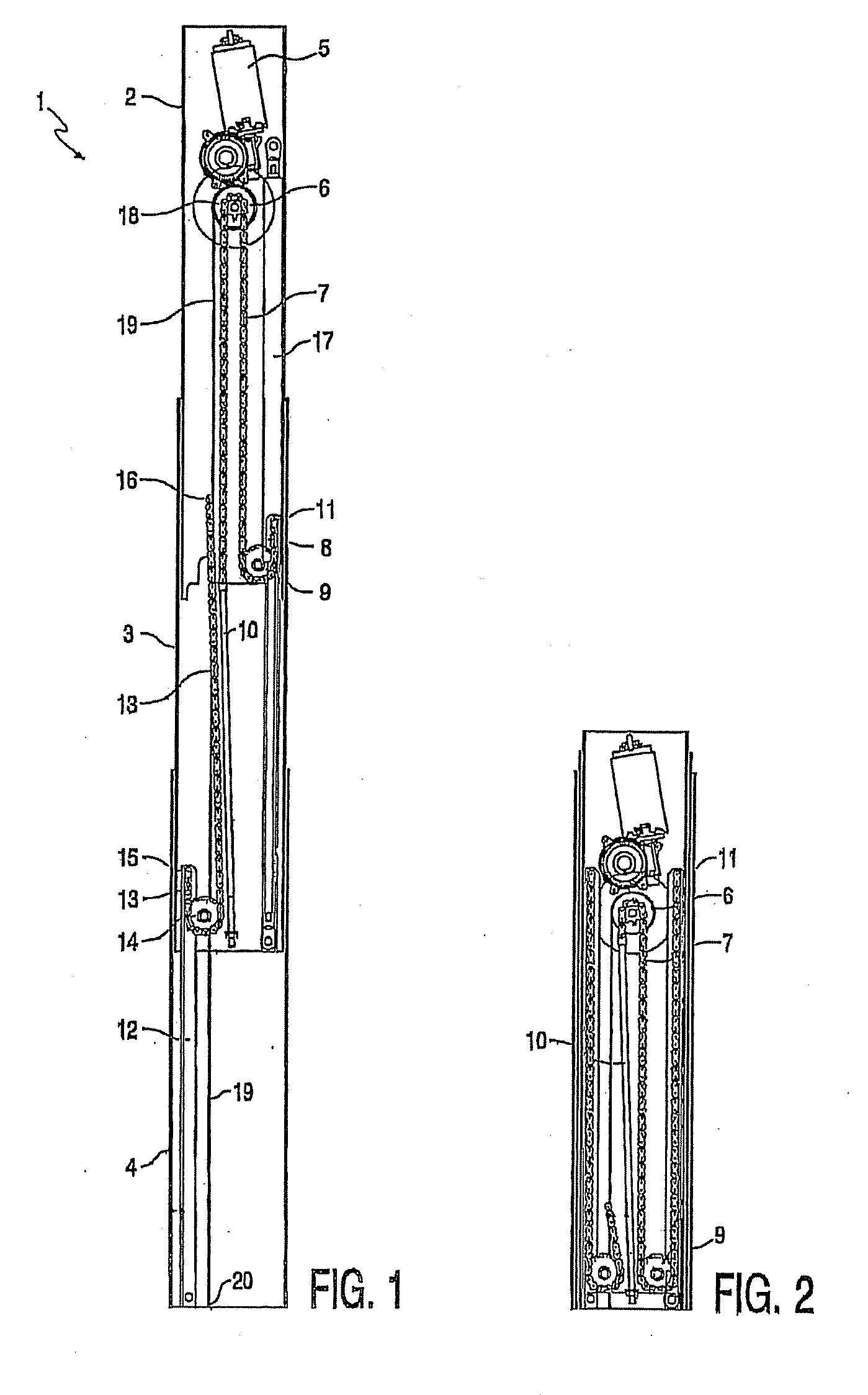 Drive for displacing profile parts relative to each other via a flexible material strip, length-adjustable housing and article of furniture