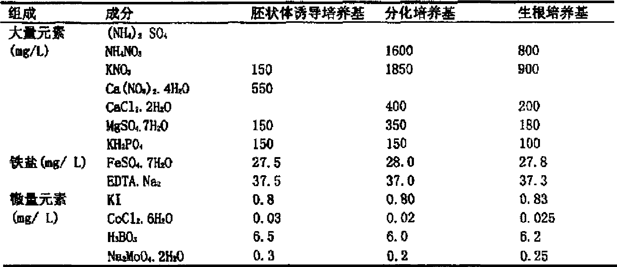 Culture medium prescription of regenerated plant from isolated microspore of brassica