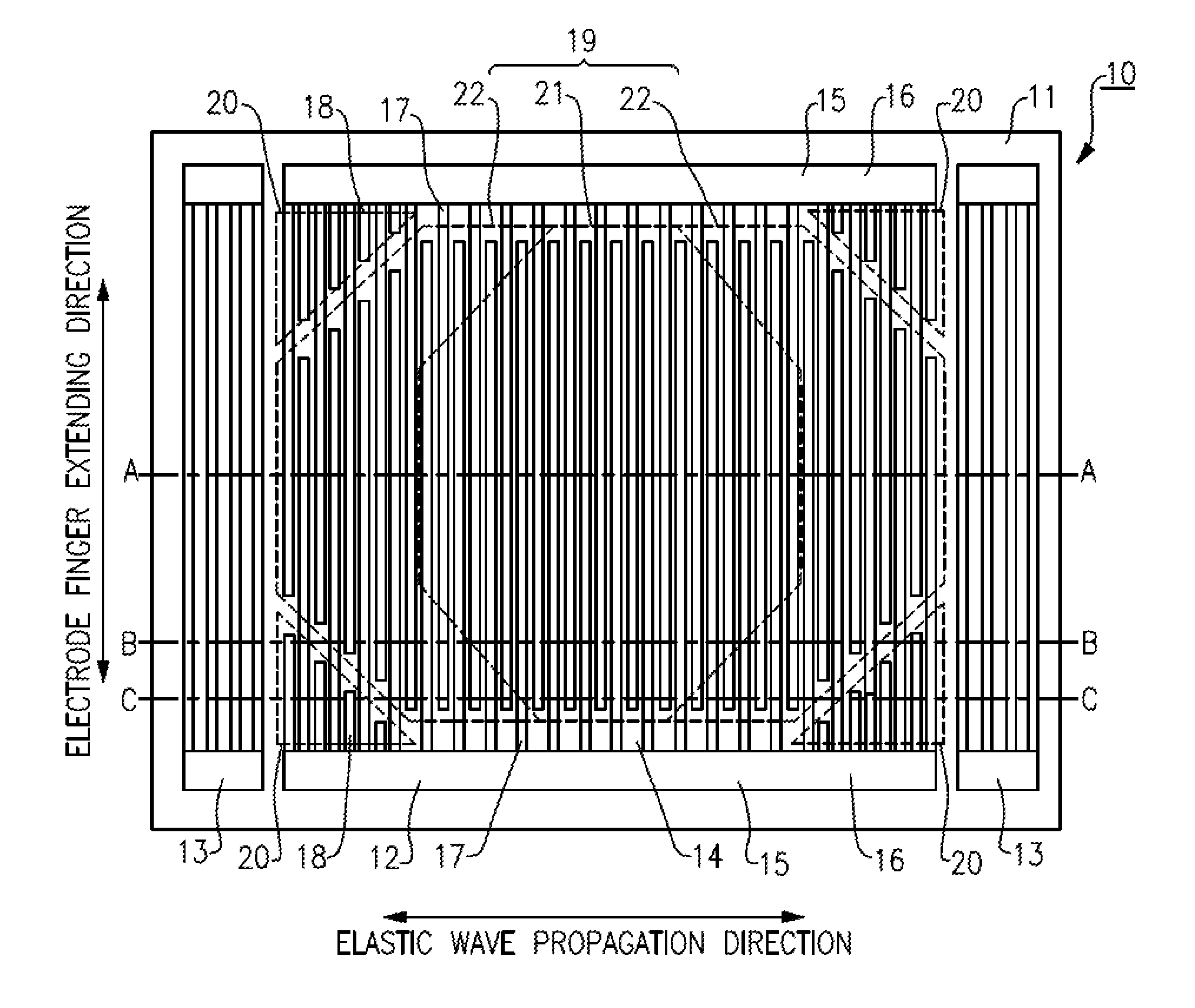 Elastic wave resonator including a constant pitch region with a tapering width