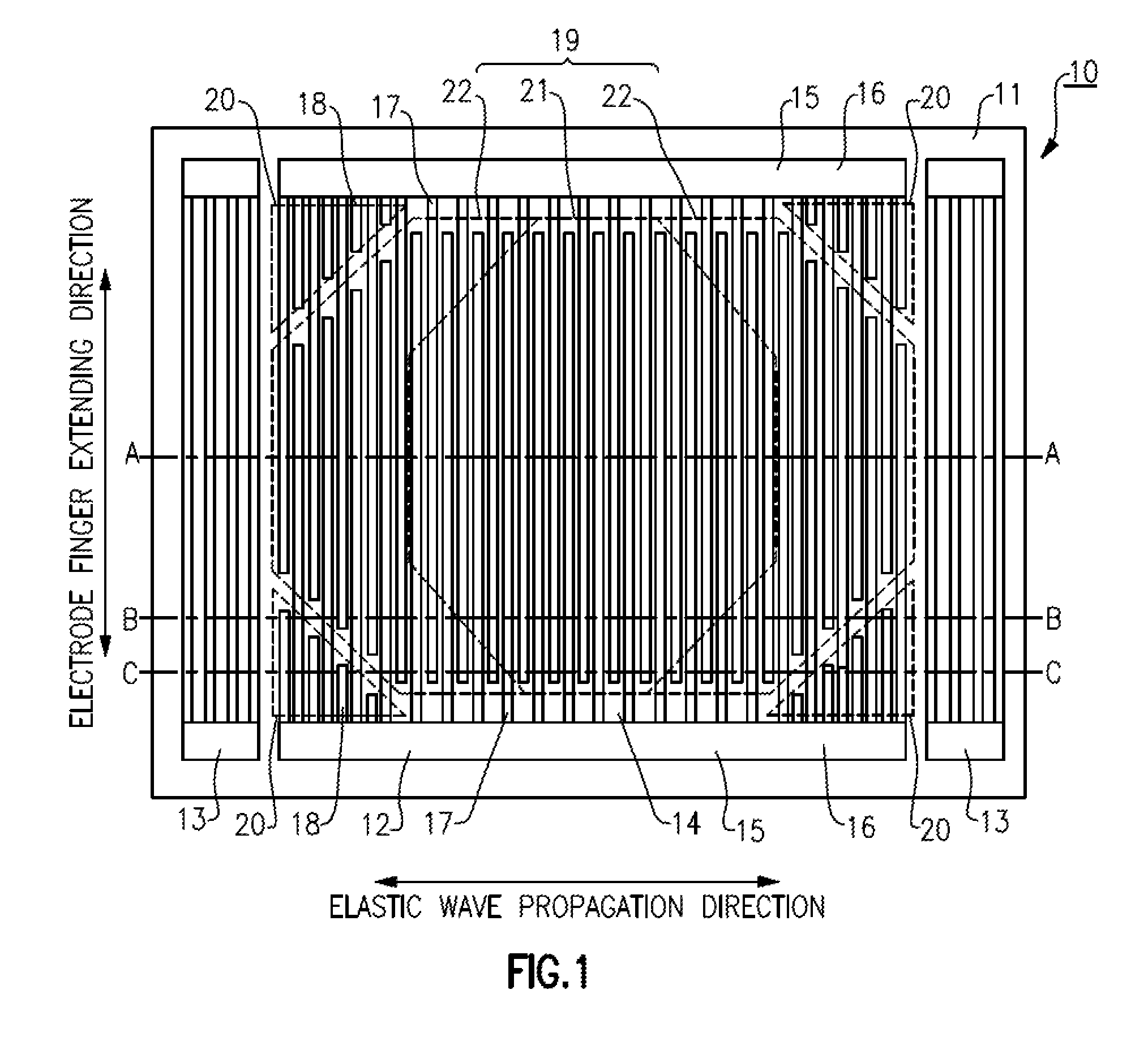 Elastic wave resonator including a constant pitch region with a tapering width