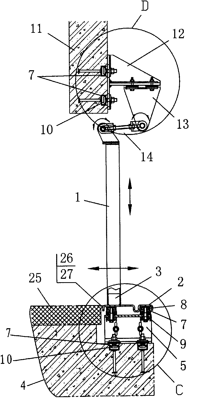 Full-height railway shielding door upright column and adjusting device thereof