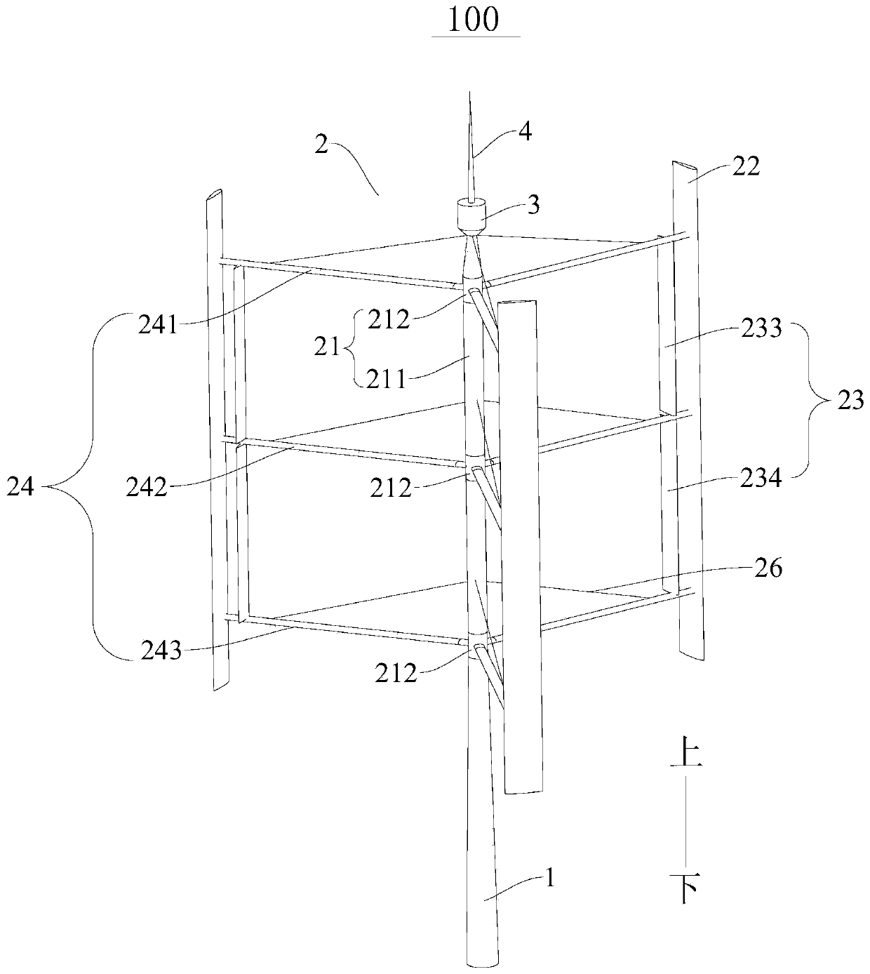 Self-starting large-scale Darrieus fan with auxiliary wing variable pitch