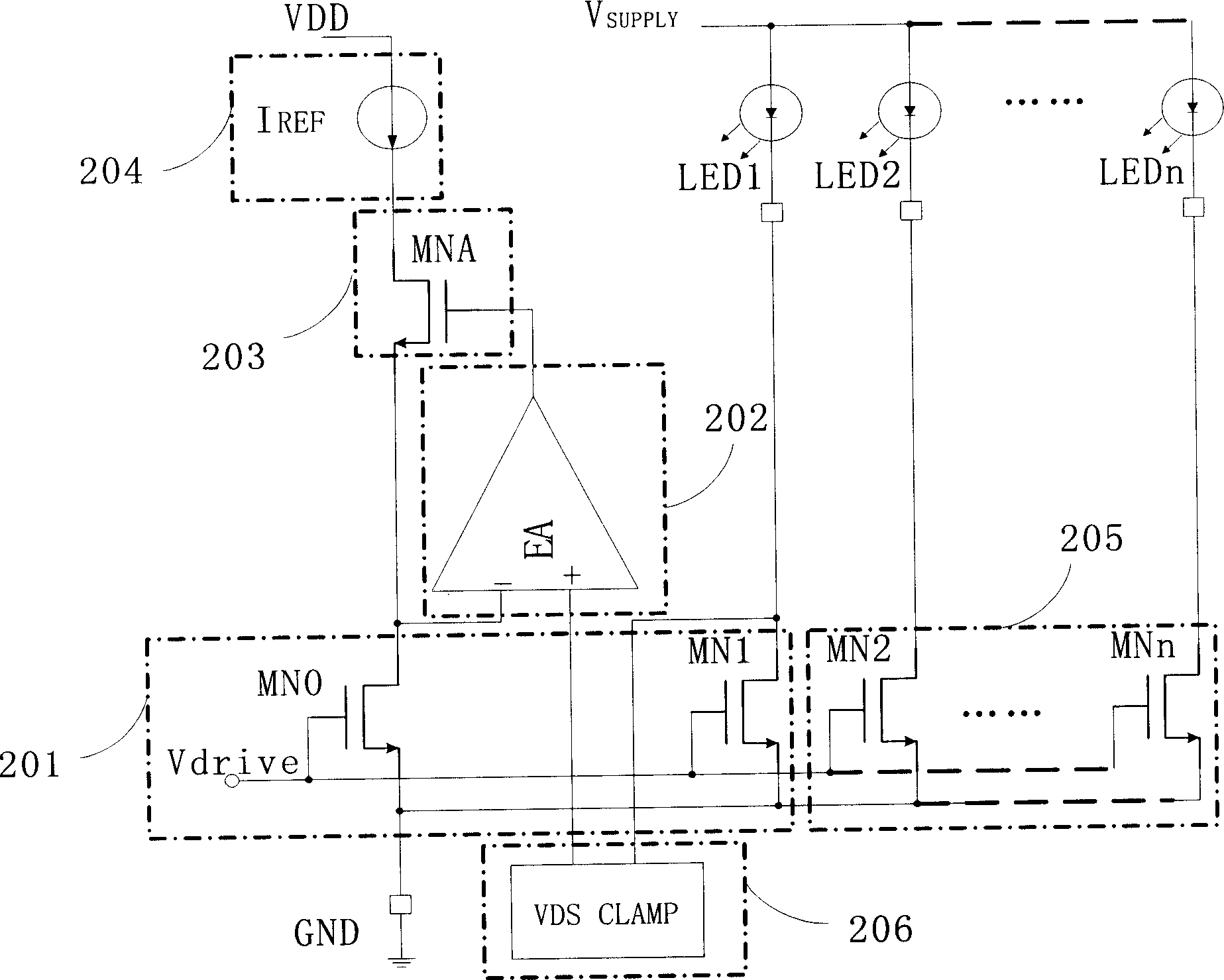 Current source circuit of multiplex parallel LED driven by one reference current