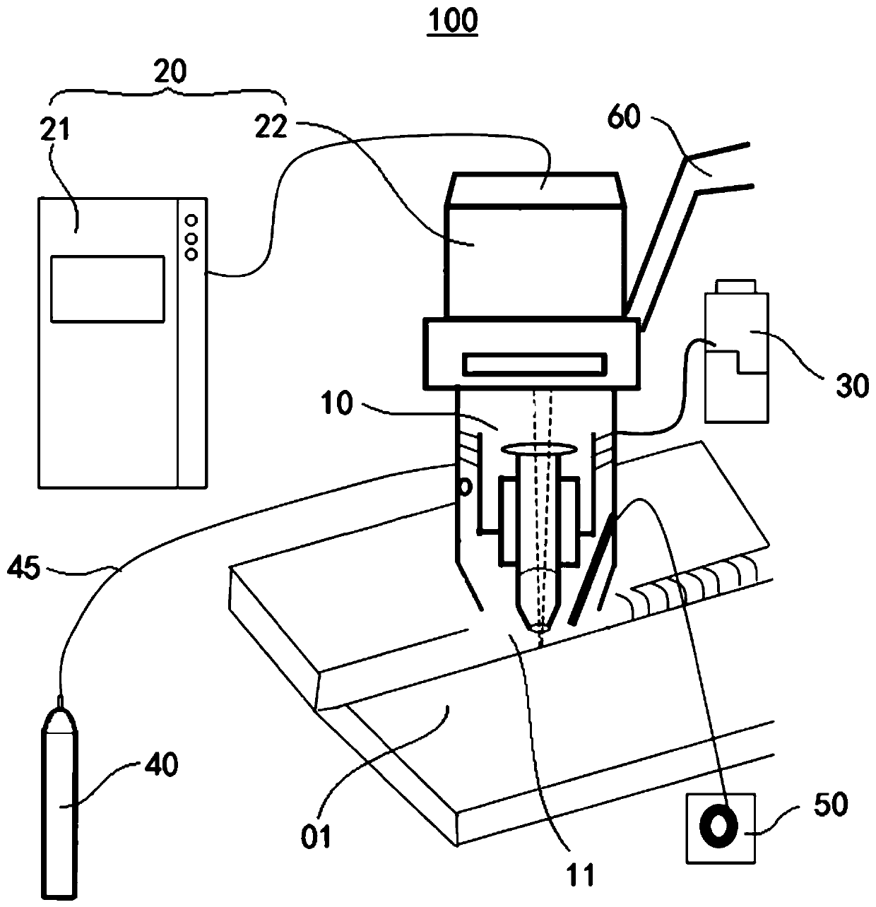 Welding gun head as well as laser and electric arc composite welding device and method