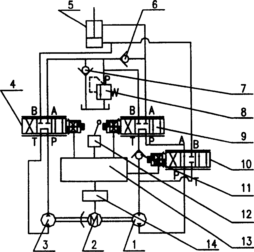 Double pump-motor hydraulic driving system for lifting oil cylinder of engineering machine