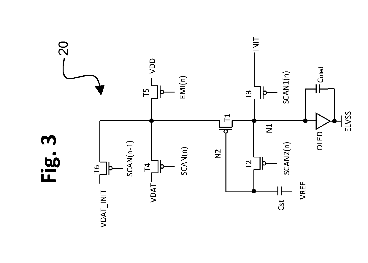 TFT pixel threshold voltage compensation circuit with light-emitting device initialization