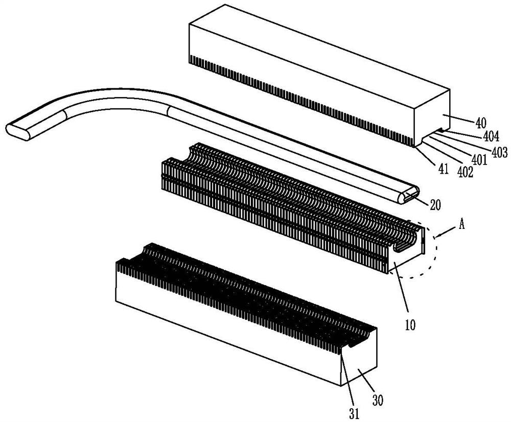 Close-fit riveting structure and riveting method for string of radiating fin groups and heat pipes