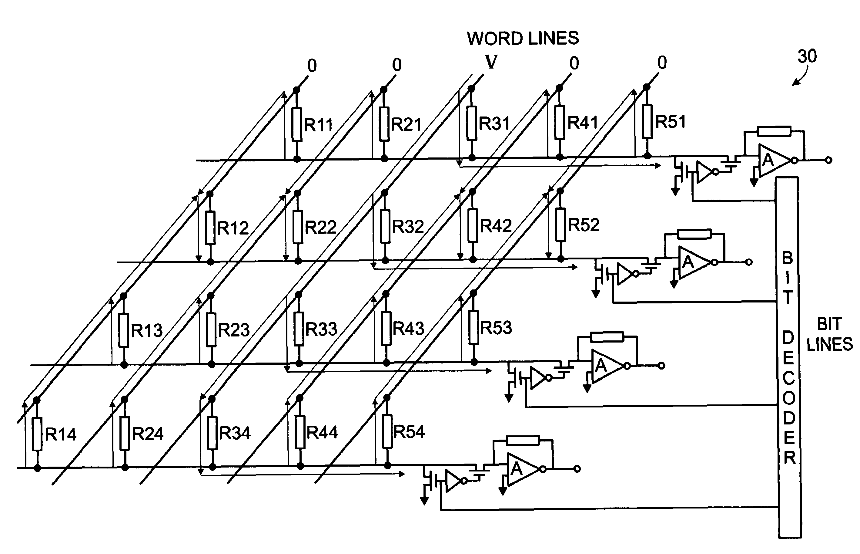 Cross-point RRAM memory array having low bit line crosstalk