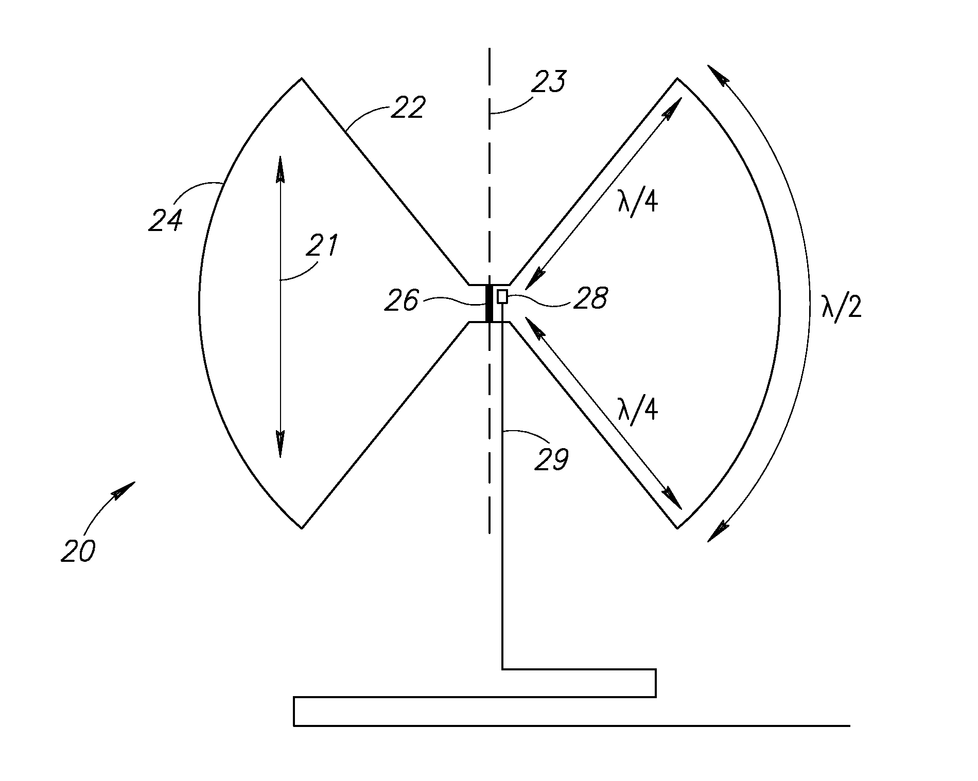 Suspended wideband planar skirt antenna having low thermal mass for detection of terahertz radiation