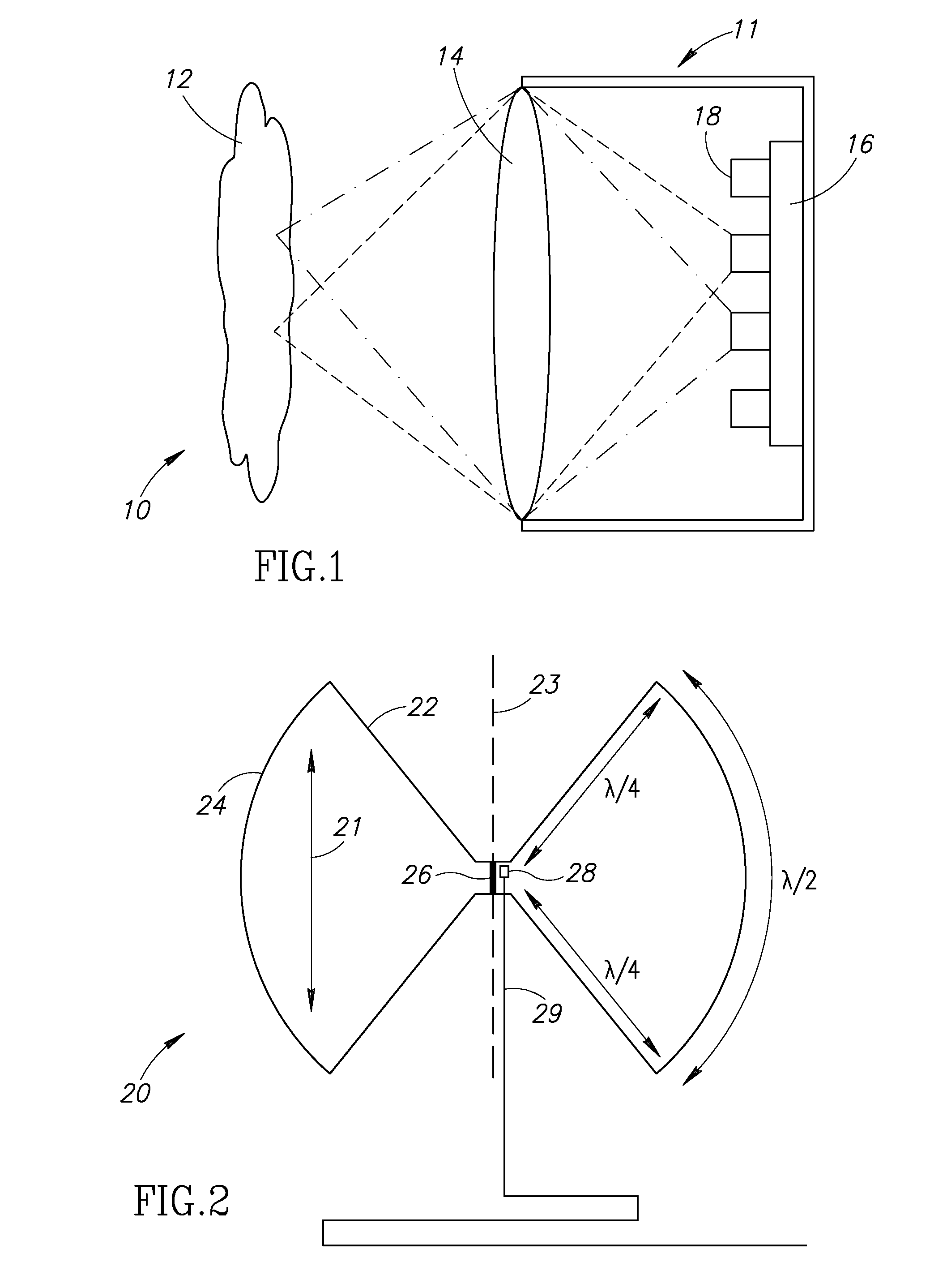 Suspended wideband planar skirt antenna having low thermal mass for detection of terahertz radiation